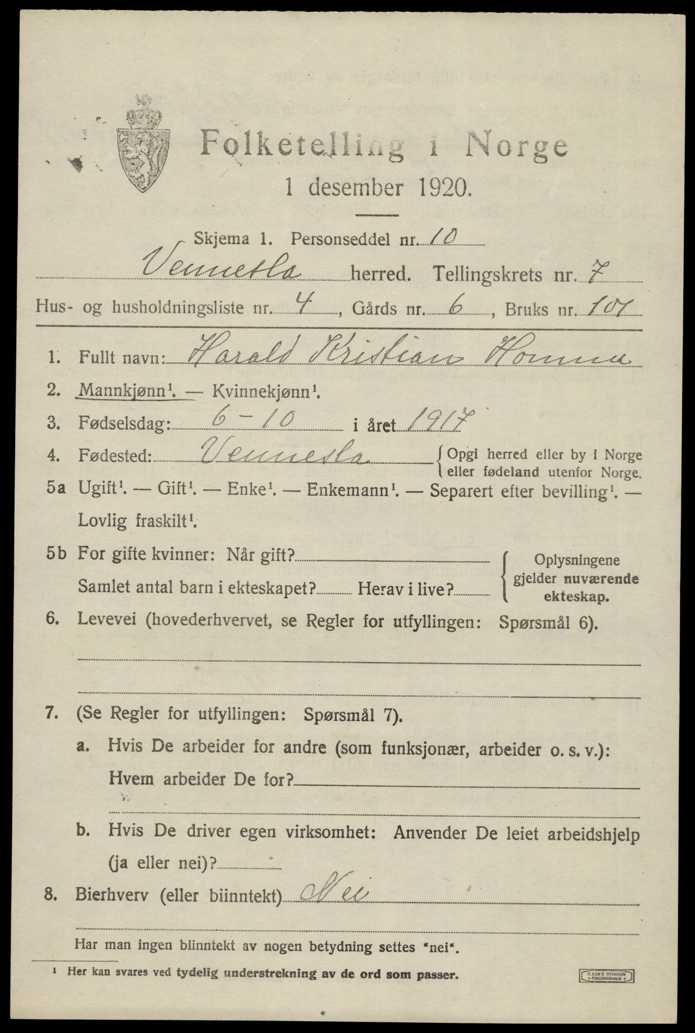 SAK, 1920 census for Vennesla, 1920, p. 4794