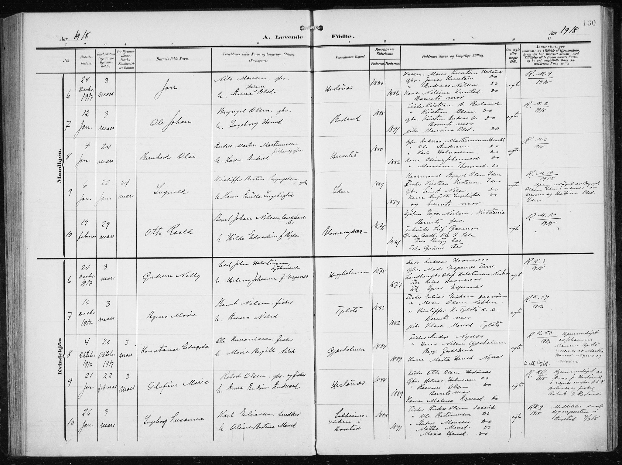 Herdla Sokneprestembete, AV/SAB-A-75701/H/Haa: Parish register (official) no. A 5, 1905-1918, p. 130