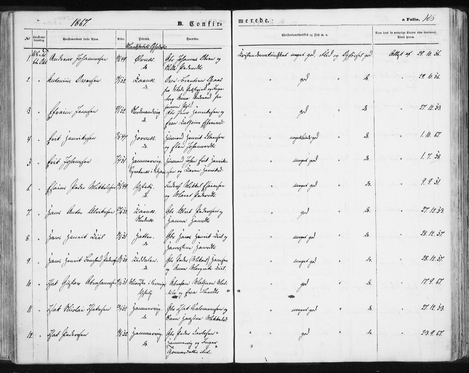 Lyngen sokneprestembete, AV/SATØ-S-1289/H/He/Hea/L0005kirke: Parish register (official) no. 5, 1859-1869, p. 186