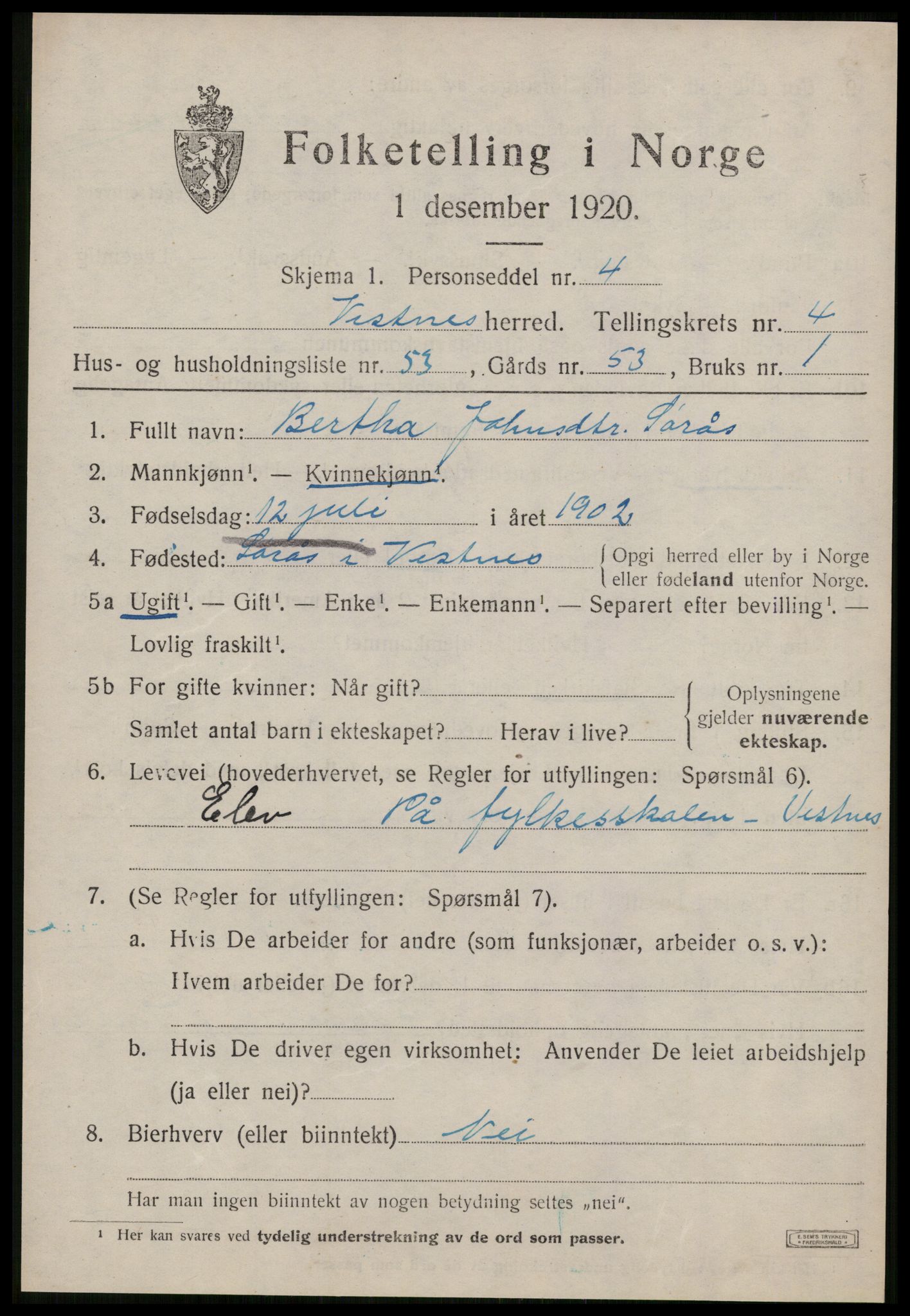 SAT, 1920 census for Vestnes, 1920, p. 3883