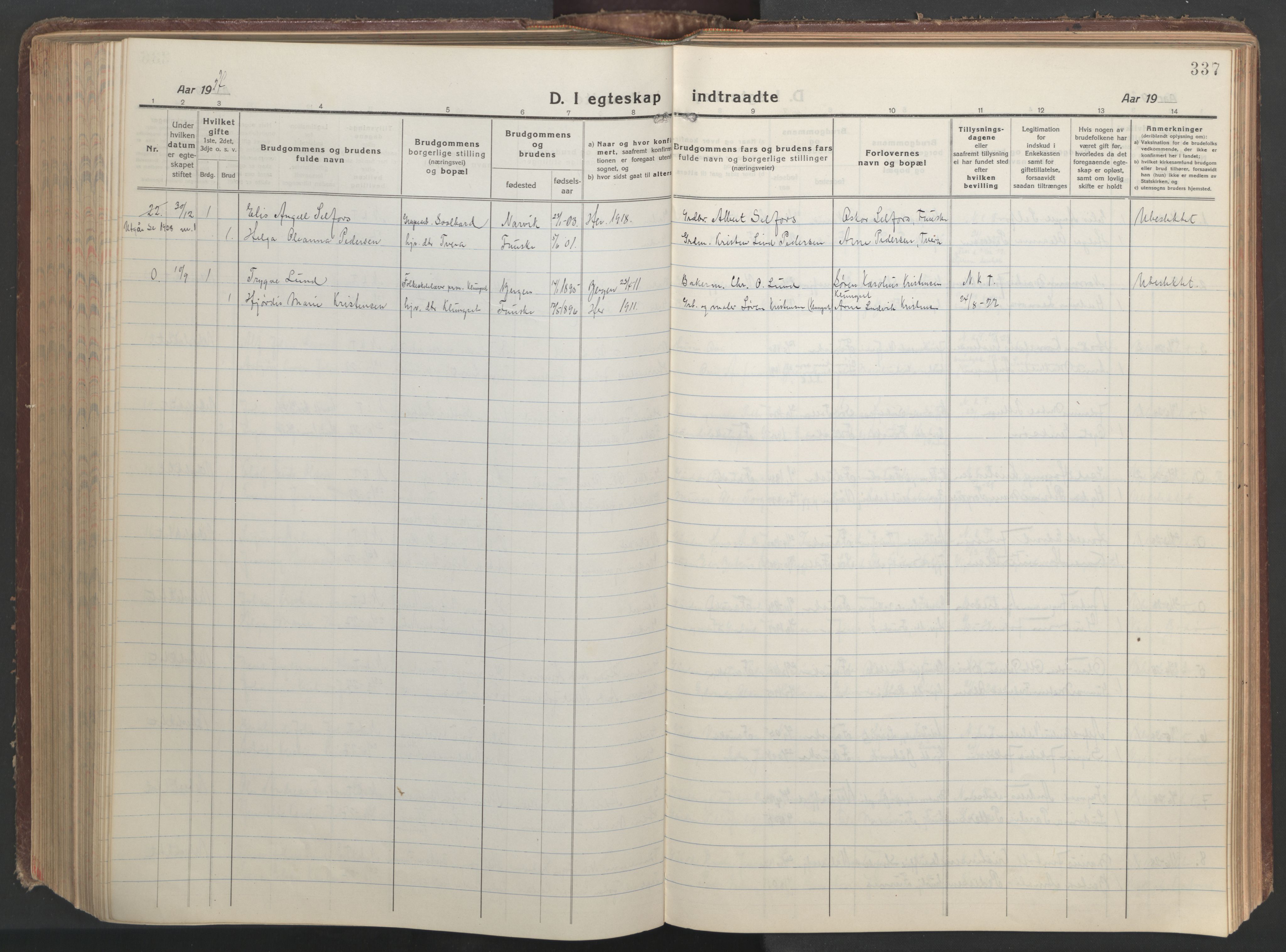 Ministerialprotokoller, klokkerbøker og fødselsregistre - Nordland, AV/SAT-A-1459/849/L0700: Parish register (copy) no. 849C01, 1919-1946, p. 337