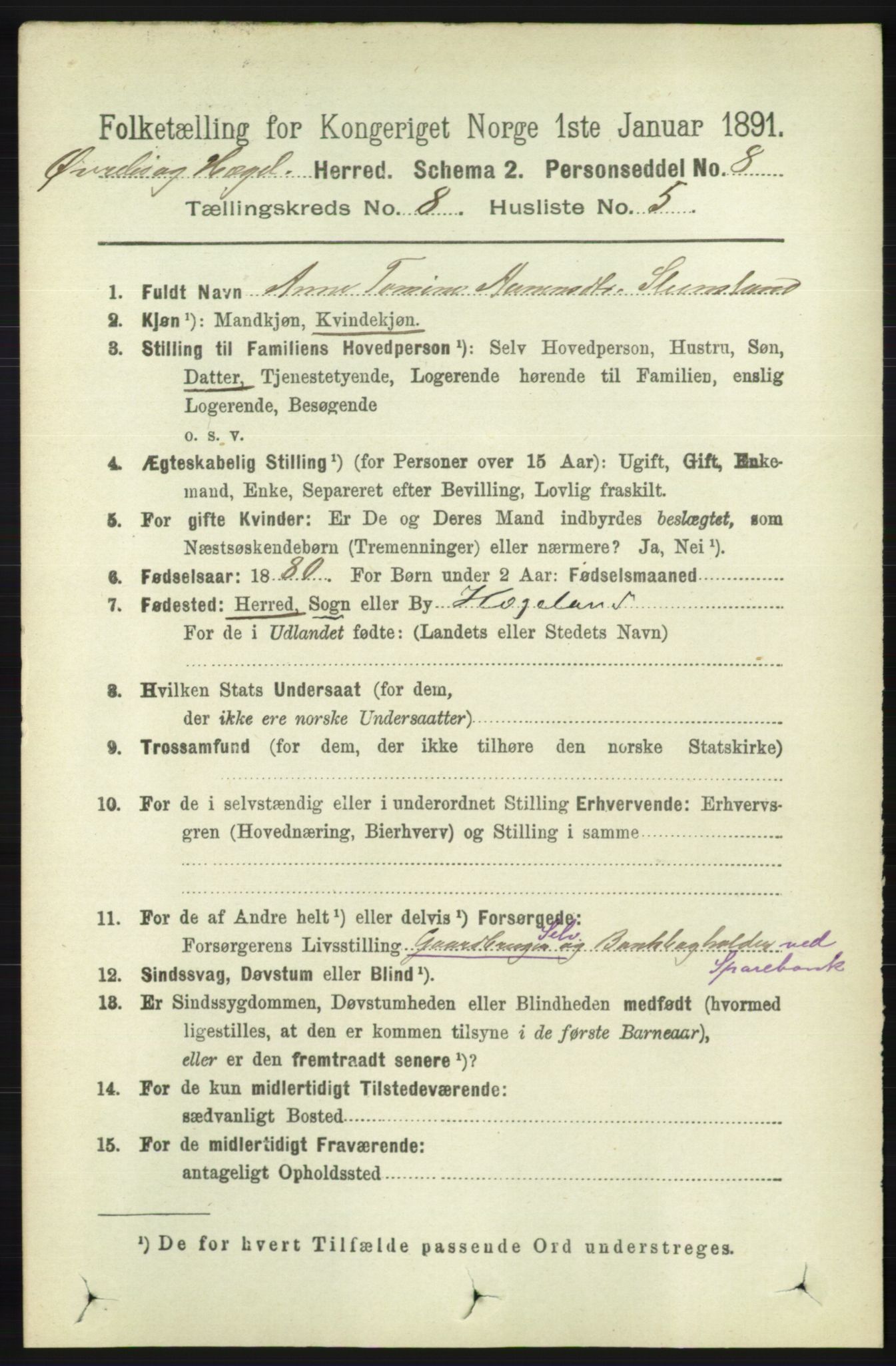 RA, 1891 census for 1016 Øvrebø og Hægeland, 1891, p. 1513