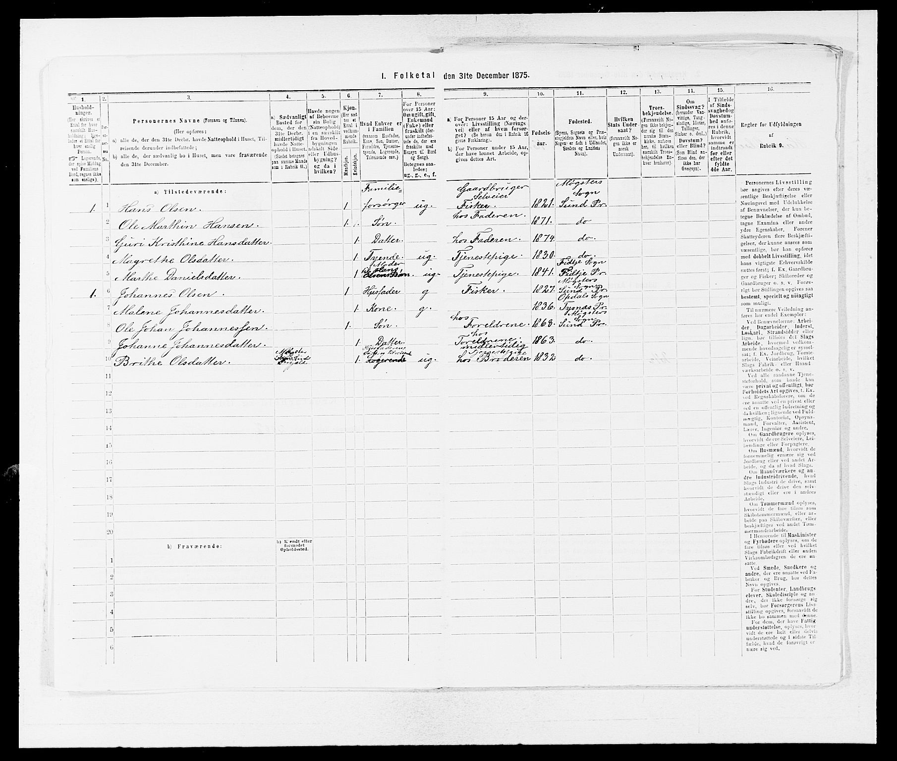 SAB, 1875 census for 1245P Sund, 1875, p. 1230