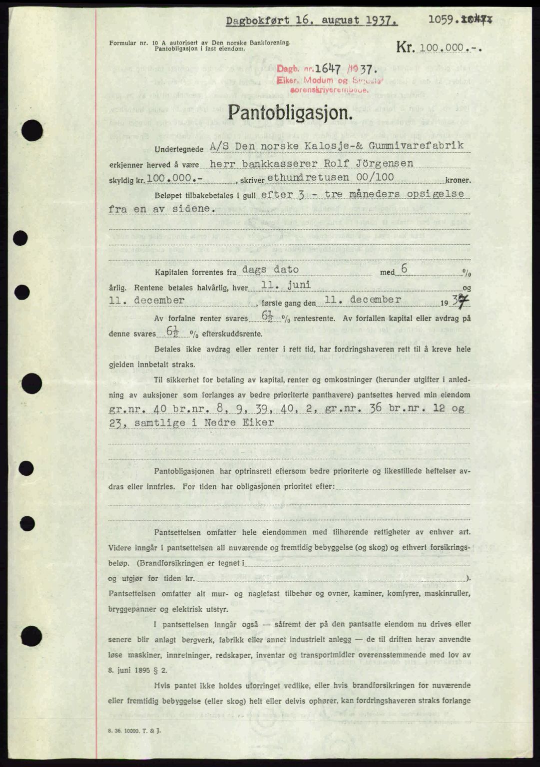 Eiker, Modum og Sigdal sorenskriveri, SAKO/A-123/G/Ga/Gab/L0035: Mortgage book no. A5, 1937-1937, Diary no: : 1647/1937