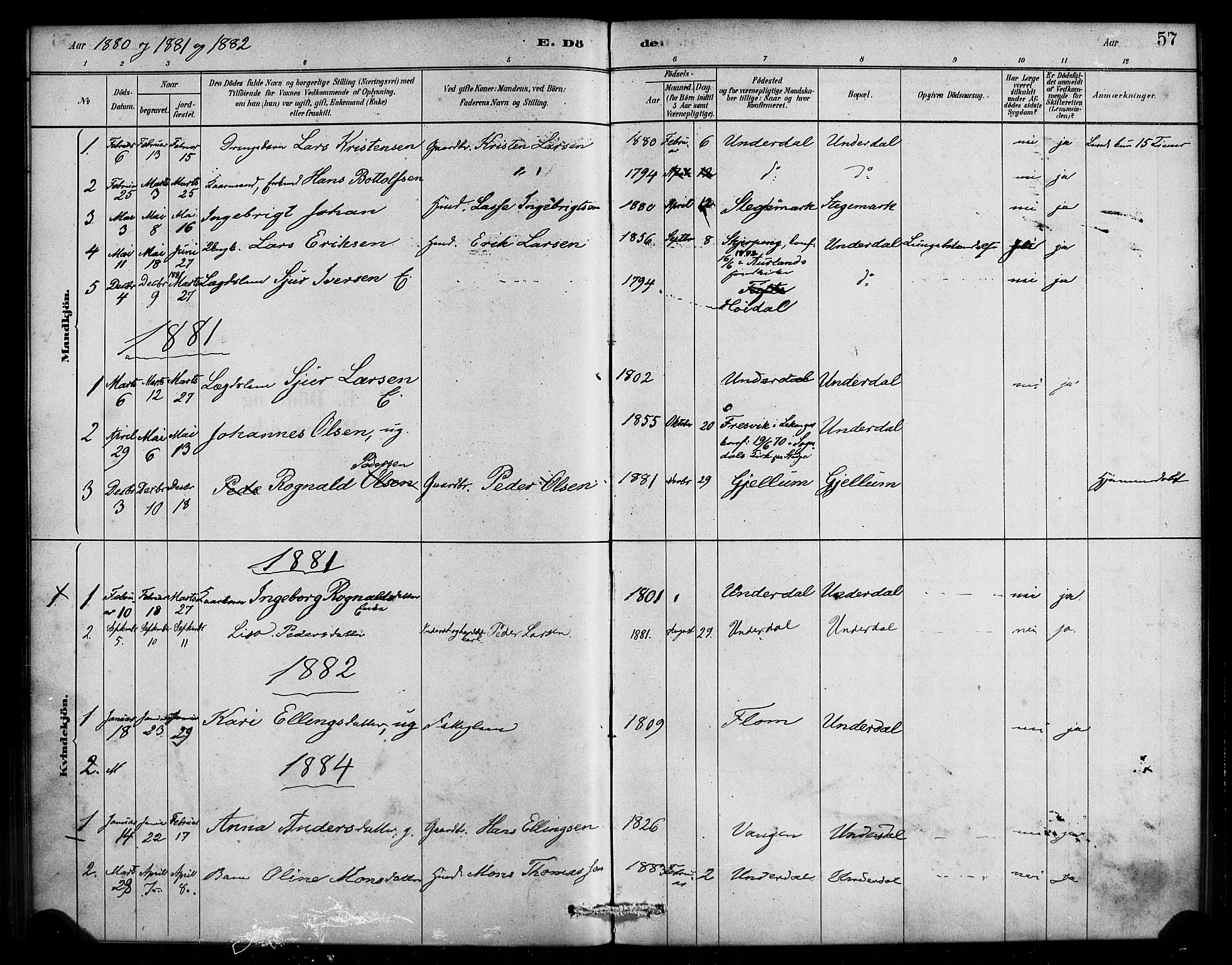Aurland sokneprestembete, SAB/A-99937/H/Ha/Hae/L0001: Parish register (official) no. E 1, 1880-1907, p. 57