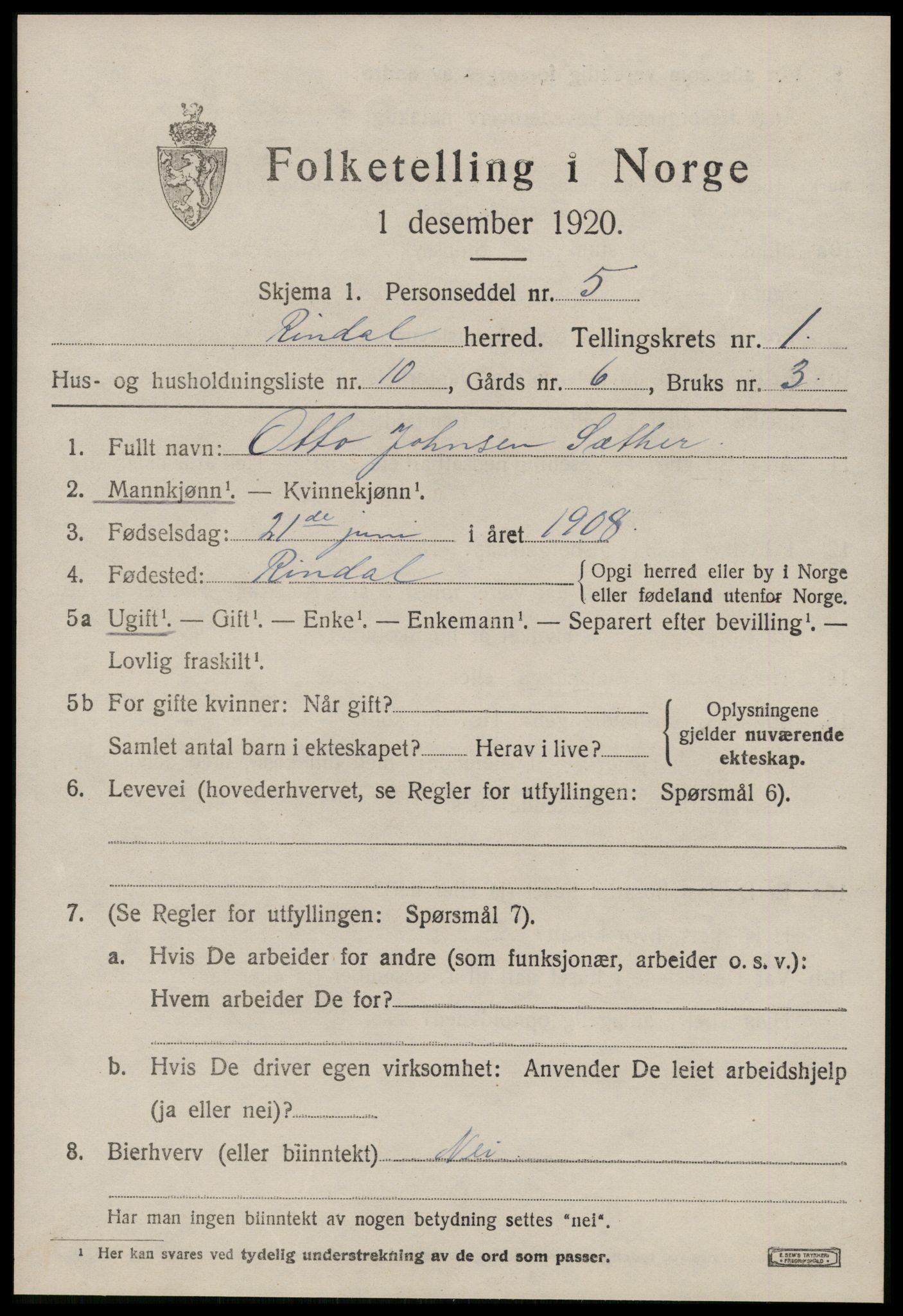 SAT, 1920 census for Rindal, 1920, p. 960