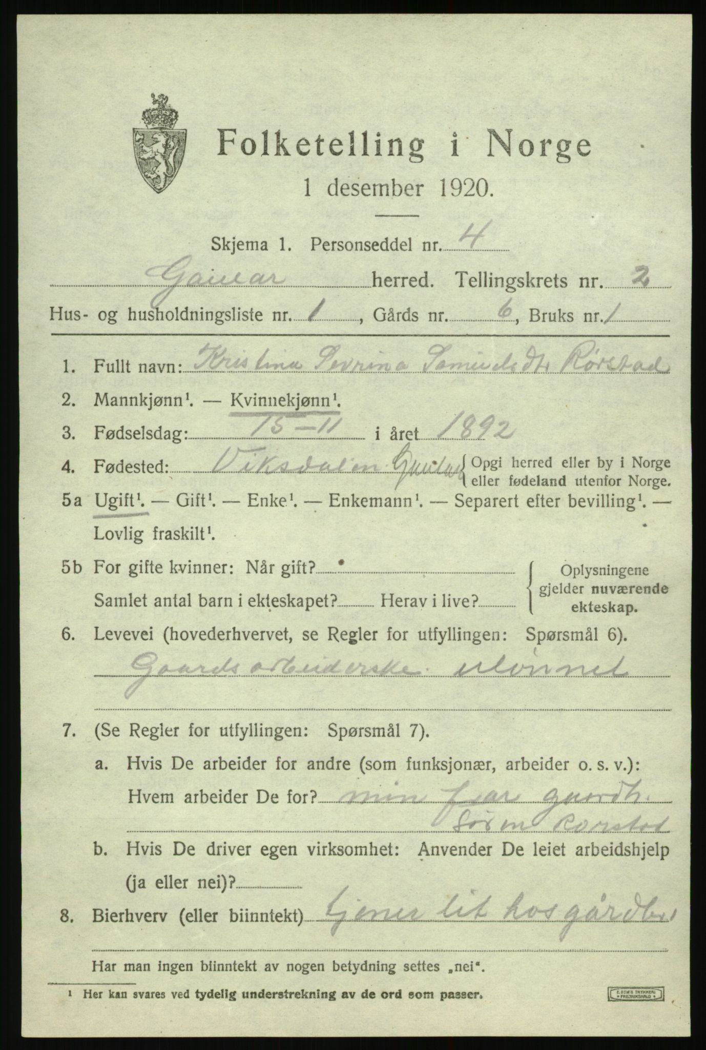 SAB, 1920 census for Gaular, 1920, p. 1556