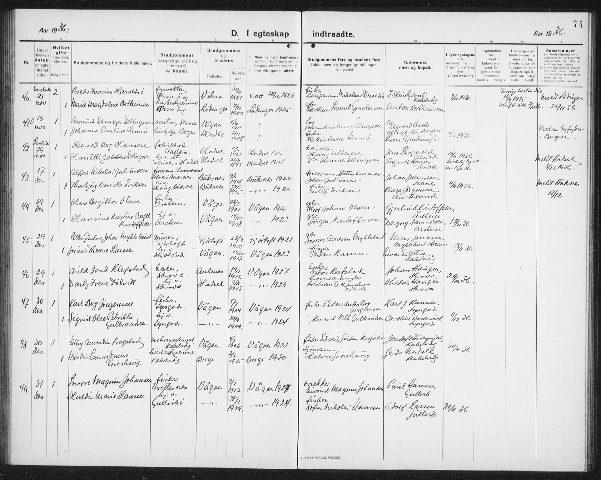 Ministerialprotokoller, klokkerbøker og fødselsregistre - Nordland, AV/SAT-A-1459/874/L1082: Parish register (copy) no. 874C11, 1920-1939, p. 74