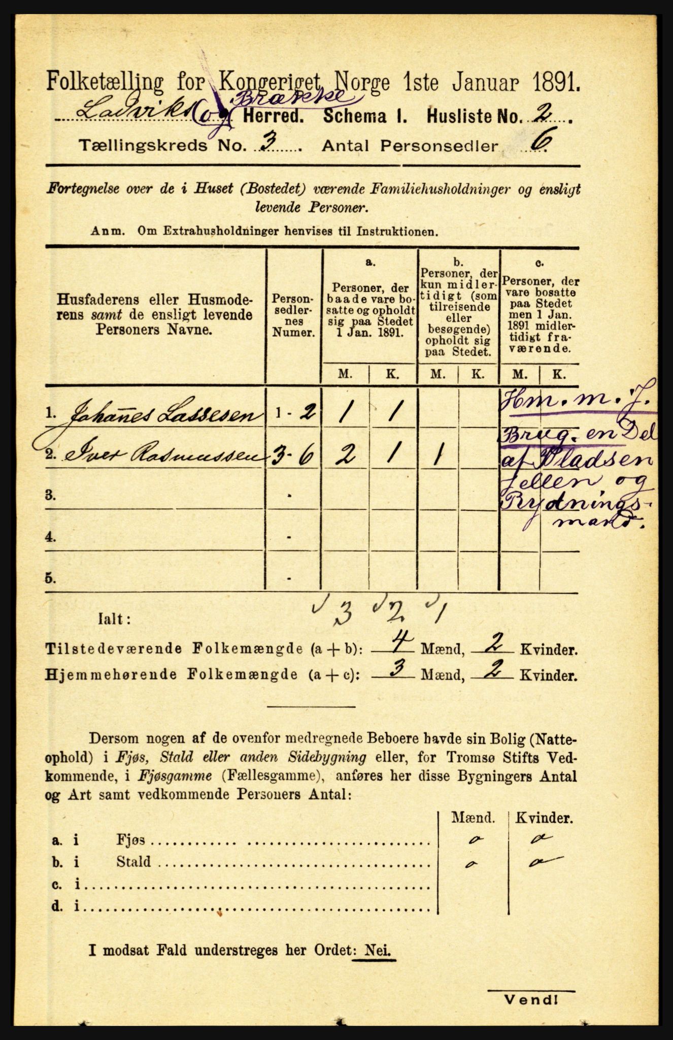 RA, 1891 census for 1415 Lavik og Brekke, 1891, p. 455