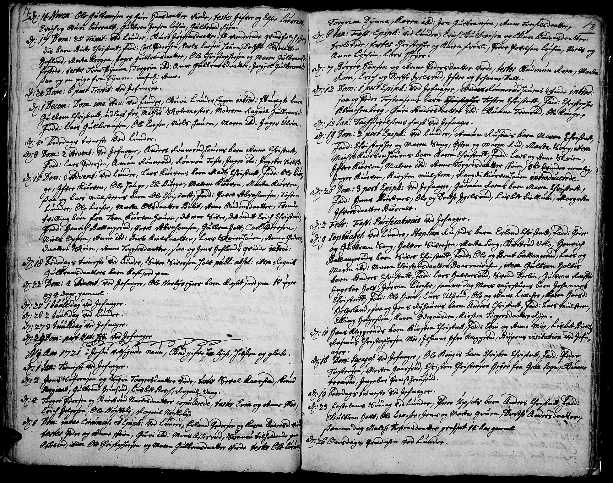 Jevnaker prestekontor, AV/SAH-PREST-116/H/Ha/Haa/L0001: Parish register (official) no. 1, 1718-1725, p. 17-18