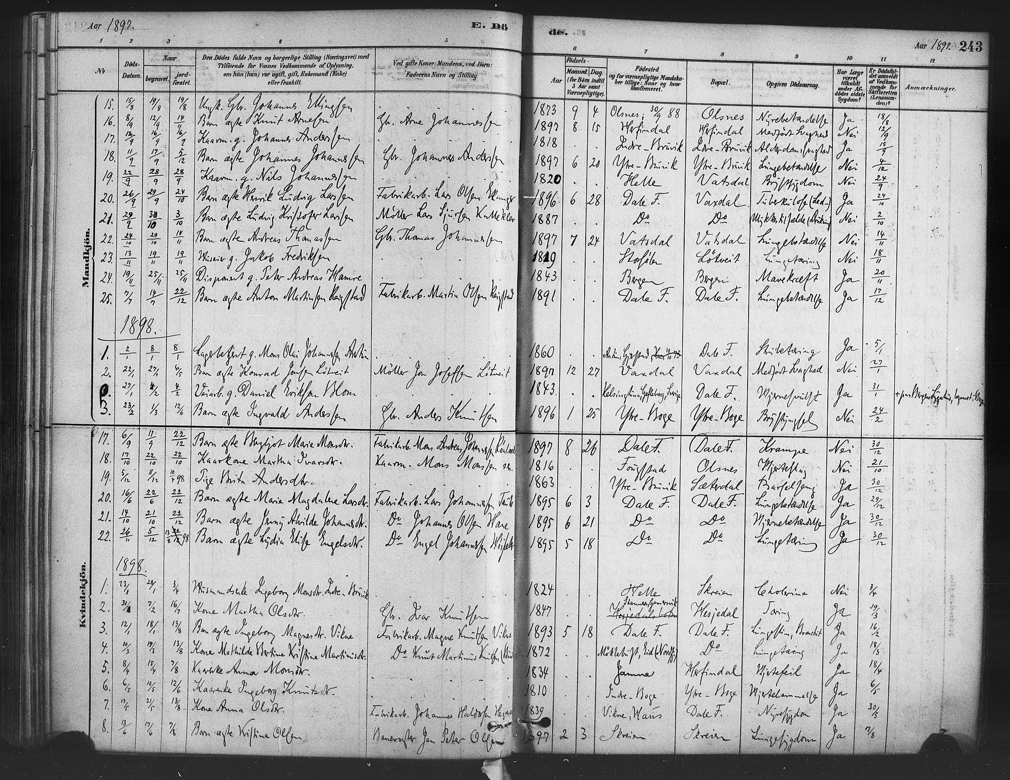 Bruvik Sokneprestembete, SAB/A-74701/H/Haa: Parish register (official) no. B 1, 1878-1904, p. 243