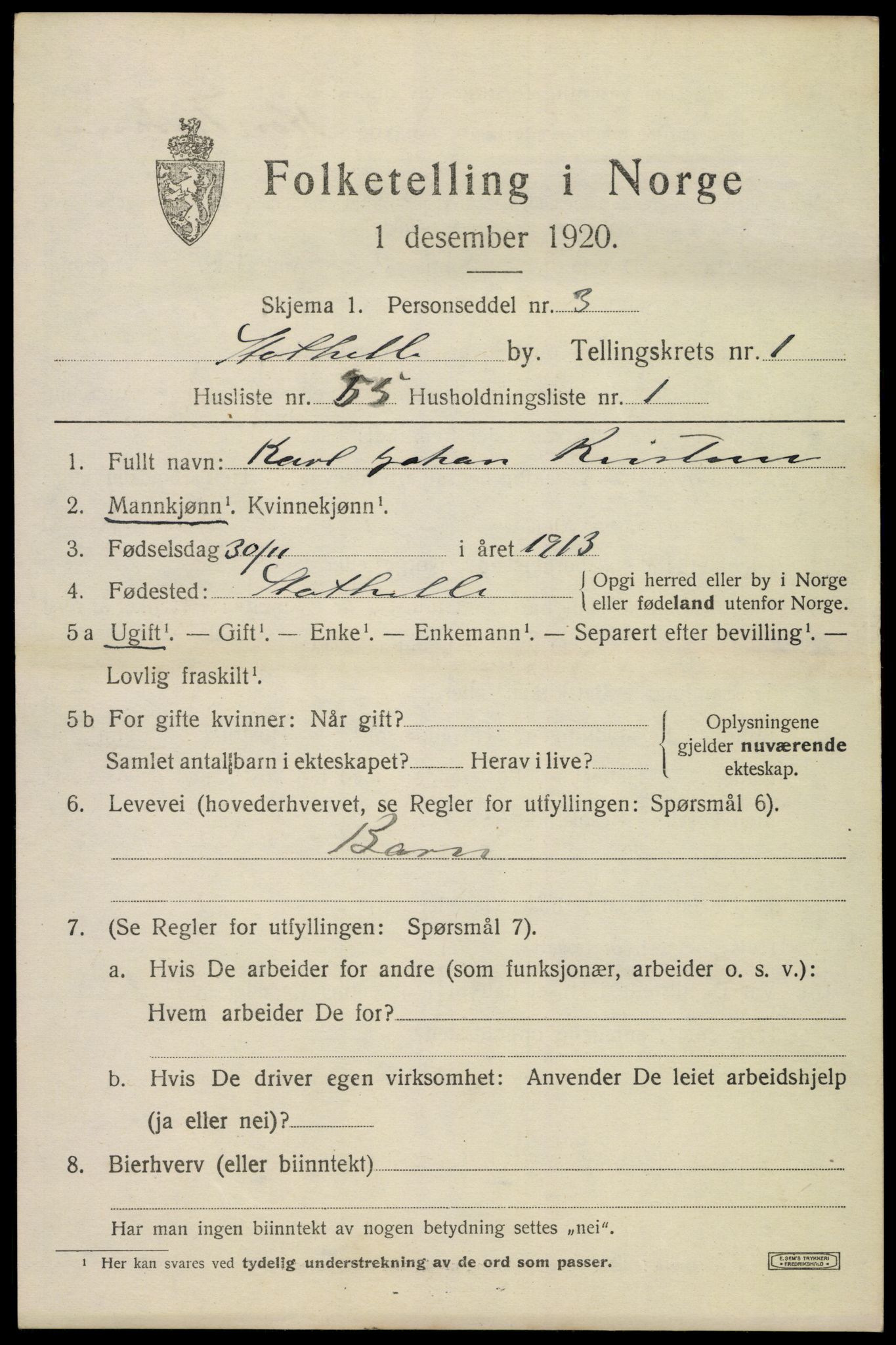 SAKO, 1920 census for Stathelle, 1920, p. 1059