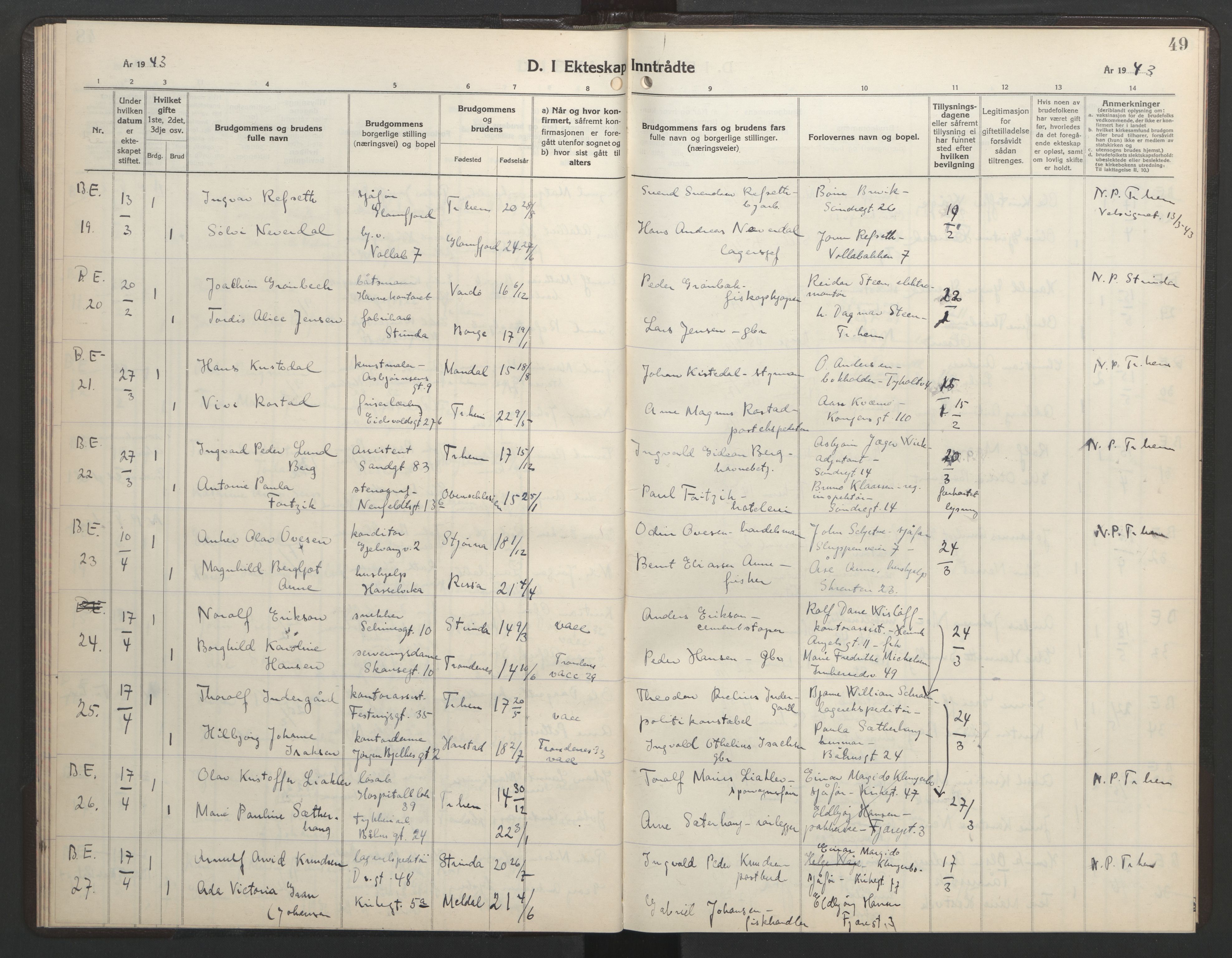 Ministerialprotokoller, klokkerbøker og fødselsregistre - Sør-Trøndelag, AV/SAT-A-1456/602/L0154: Parish register (copy) no. 602C22, 1940-1947, p. 49