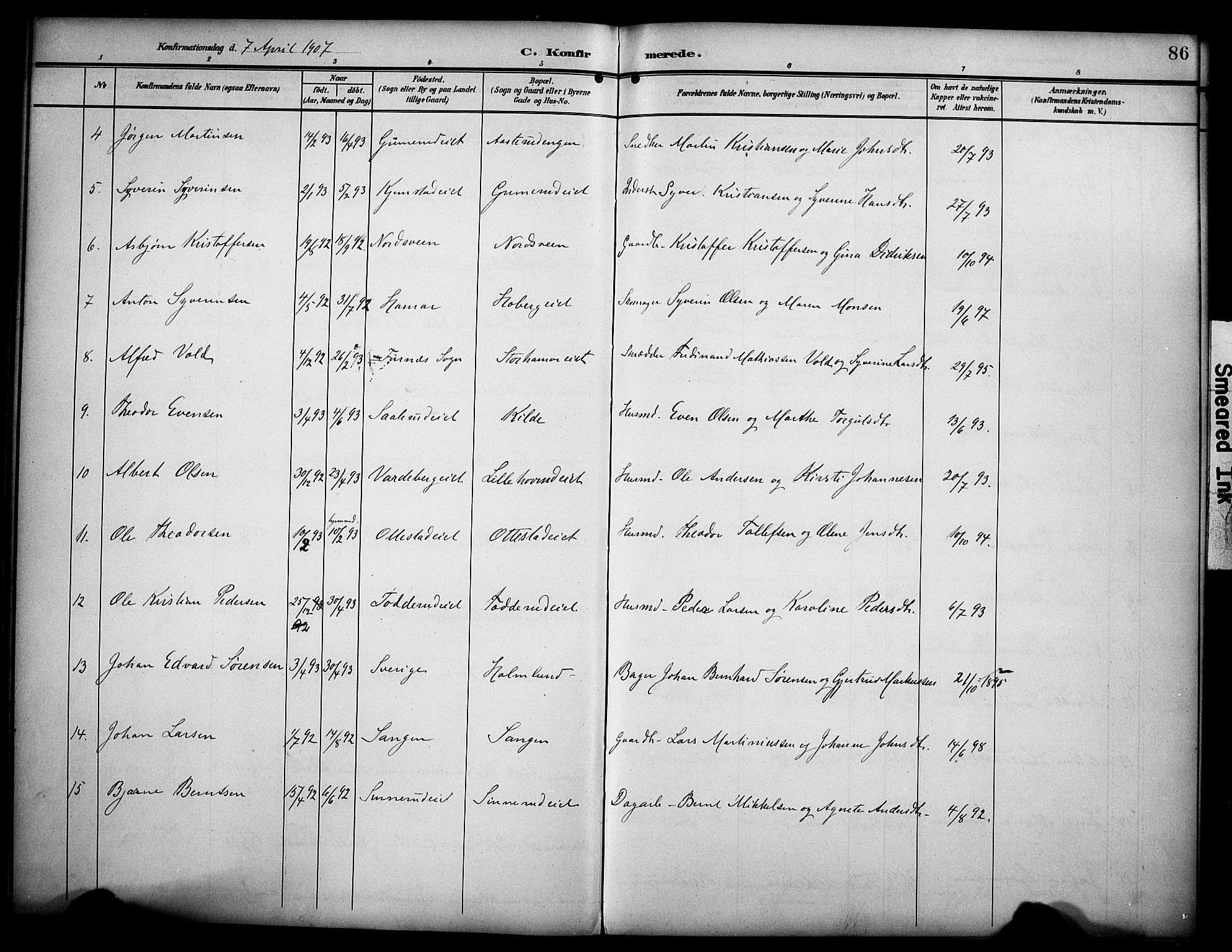 Stange prestekontor, AV/SAH-PREST-002/K/L0022: Parish register (official) no. 22, 1903-1914, p. 86