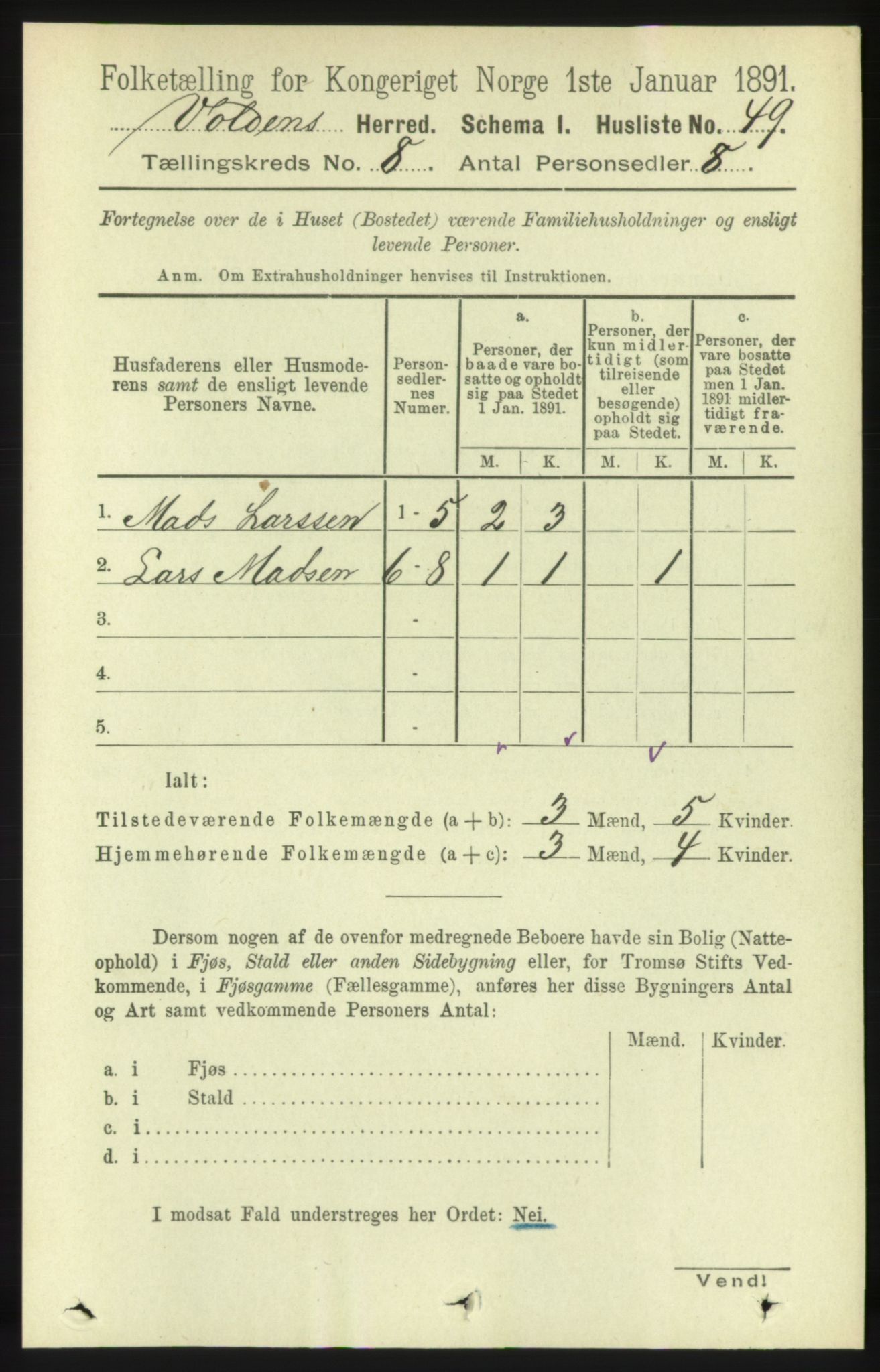 RA, 1891 census for 1519 Volda, 1891, p. 3818