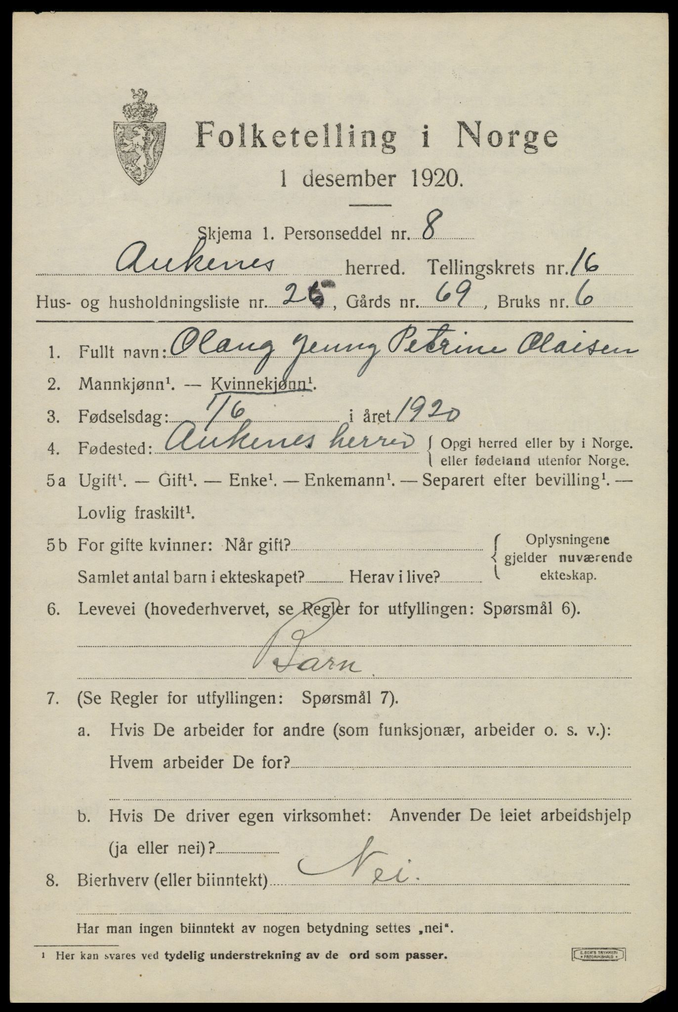 SAT, 1920 census for Ankenes, 1920, p. 7771