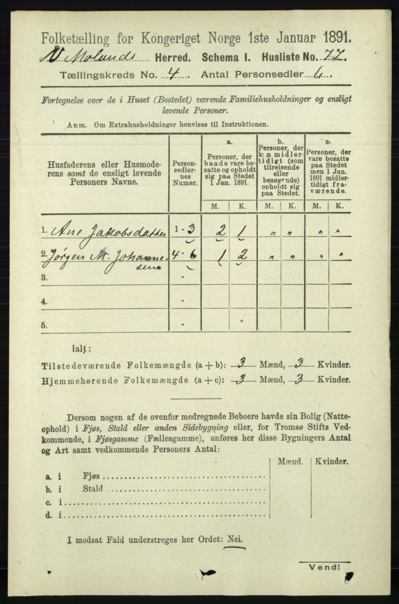 RA, 1891 census for 0926 Vestre Moland, 1891, p. 1220