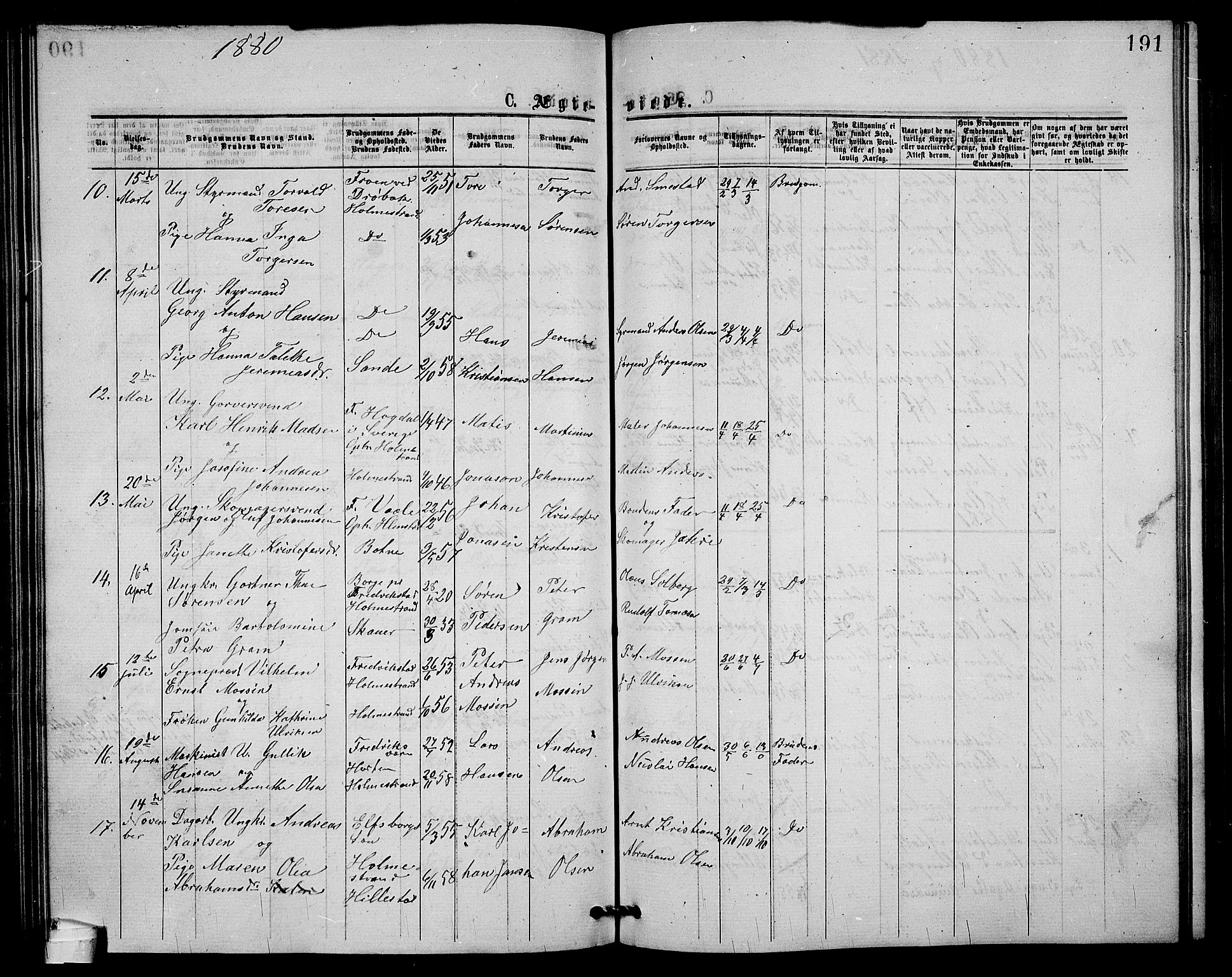 Holmestrand kirkebøker, AV/SAKO-A-346/G/Ga/L0004: Parish register (copy) no. 4, 1874-1888, p. 191