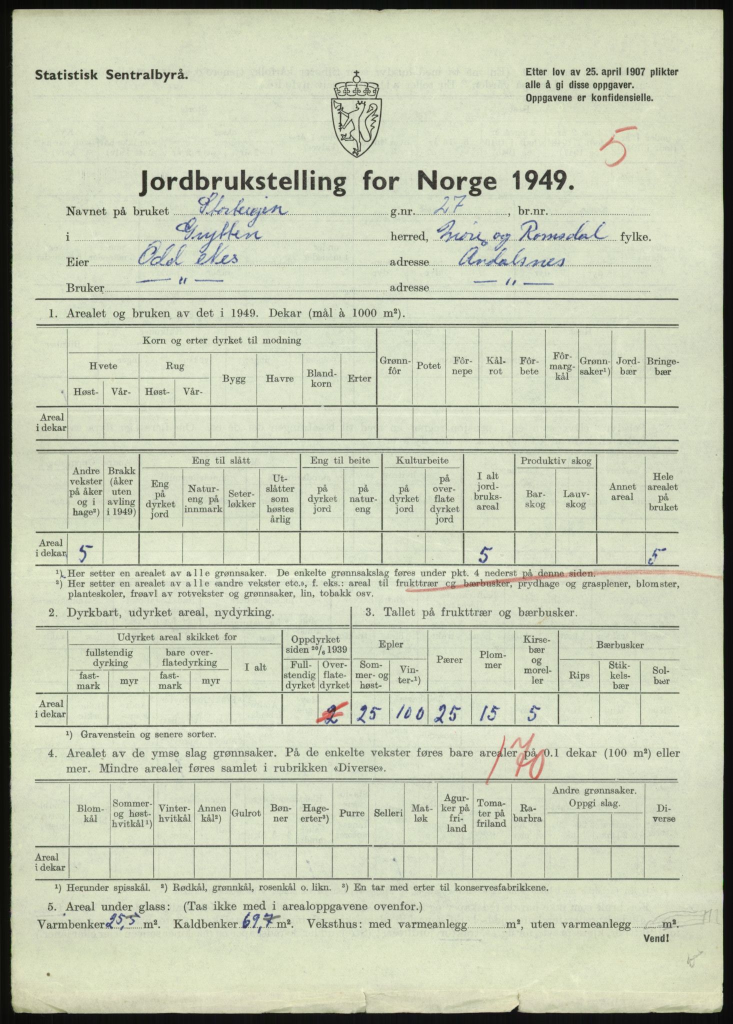 Statistisk sentralbyrå, Næringsøkonomiske emner, Jordbruk, skogbruk, jakt, fiske og fangst, AV/RA-S-2234/G/Gc/L0323: Møre og Romsdal: Grytten og Hen, 1949, p. 23