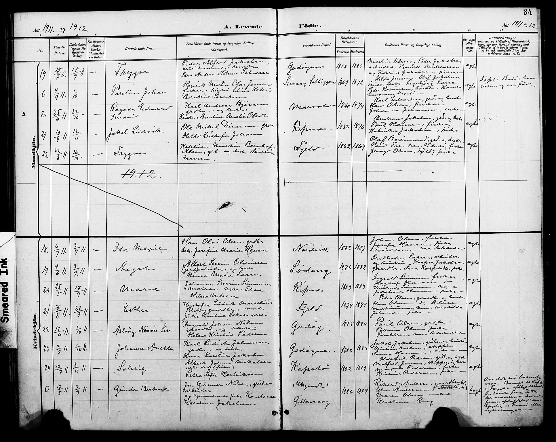 Ministerialprotokoller, klokkerbøker og fødselsregistre - Nordland, SAT/A-1459/804/L0088: Parish register (copy) no. 804C01, 1901-1917, p. 34