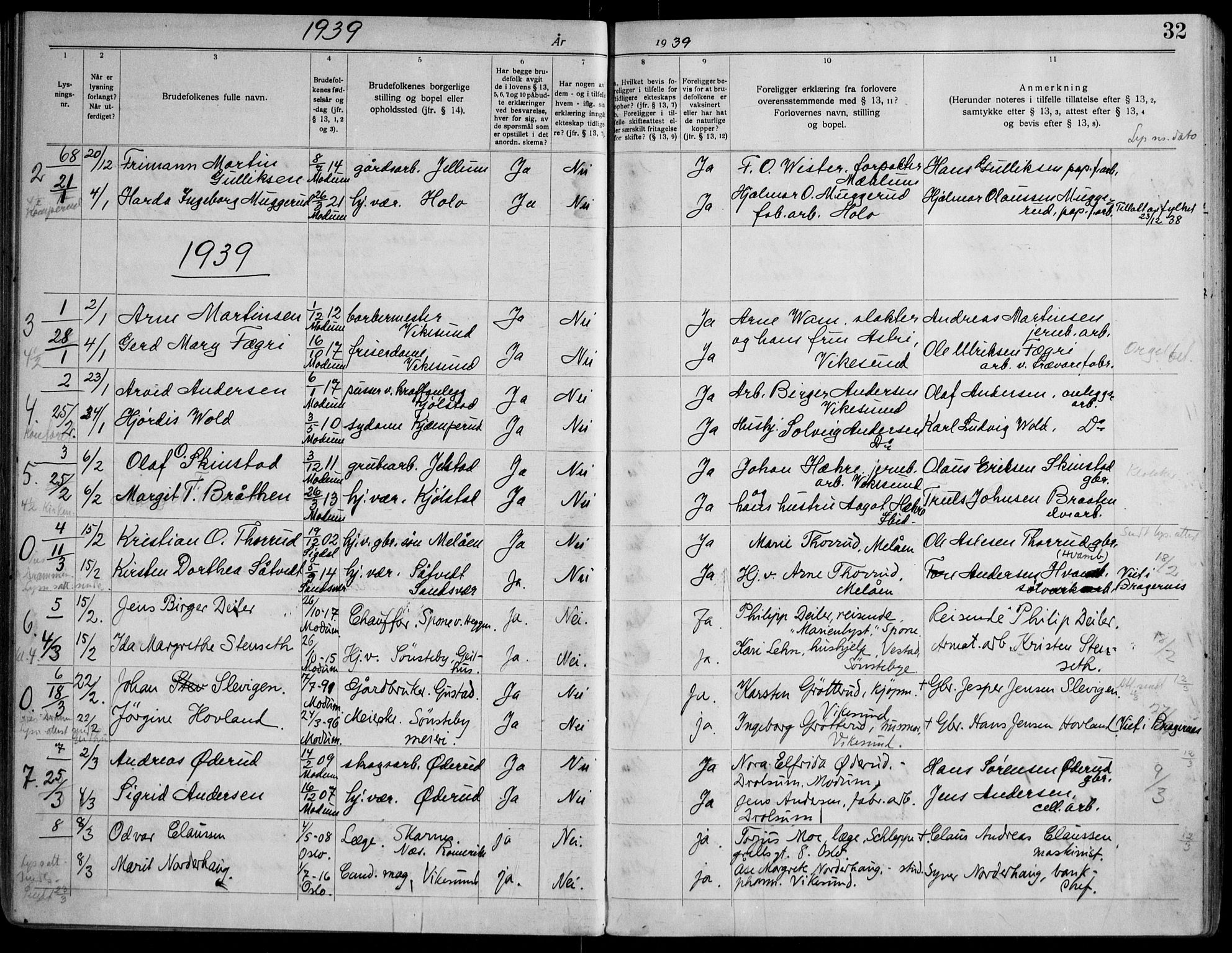 Modum kirkebøker, AV/SAKO-A-234/H/Ha/L0004: Banns register no. I 4, 1934-1947, p. 32