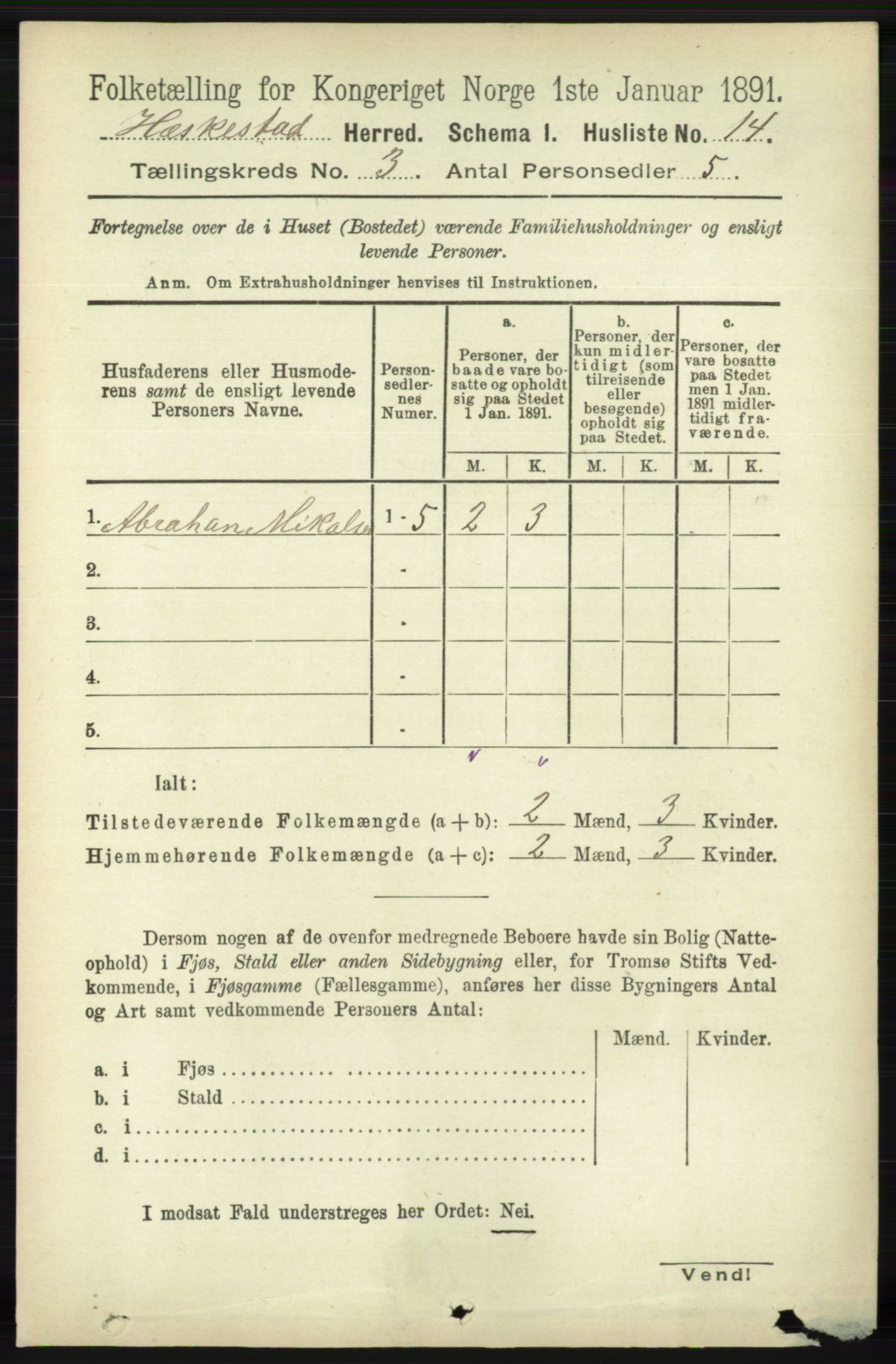 RA, 1891 census for 1113 Heskestad, 1891, p. 405