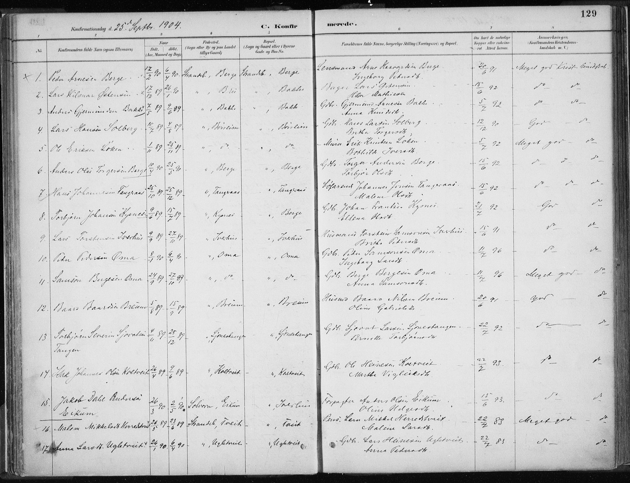 Strandebarm sokneprestembete, AV/SAB-A-78401/H/Haa: Parish register (official) no. B  1, 1886-1908, p. 129