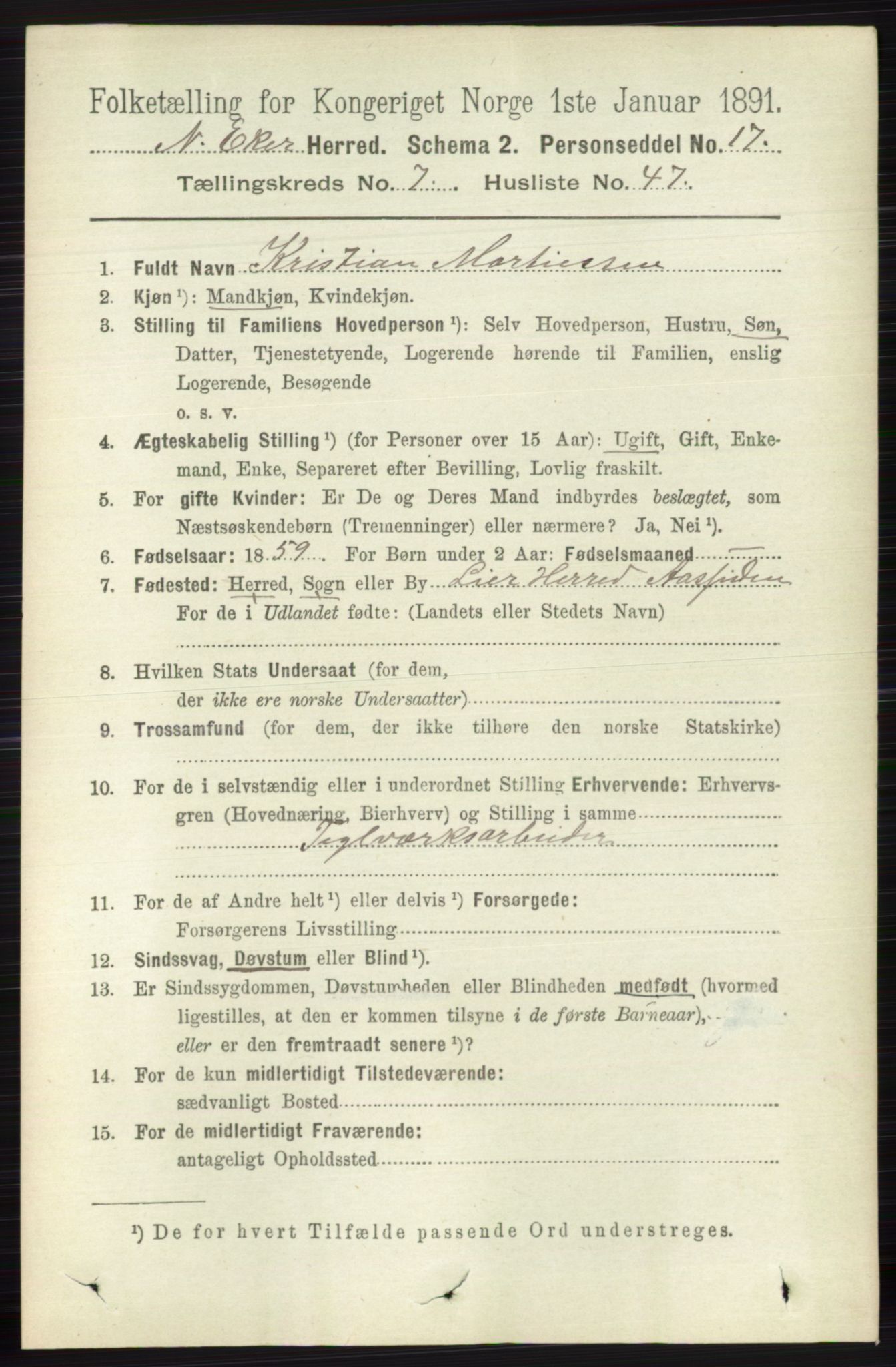 RA, 1891 census for 0625 Nedre Eiker, 1891, p. 3750