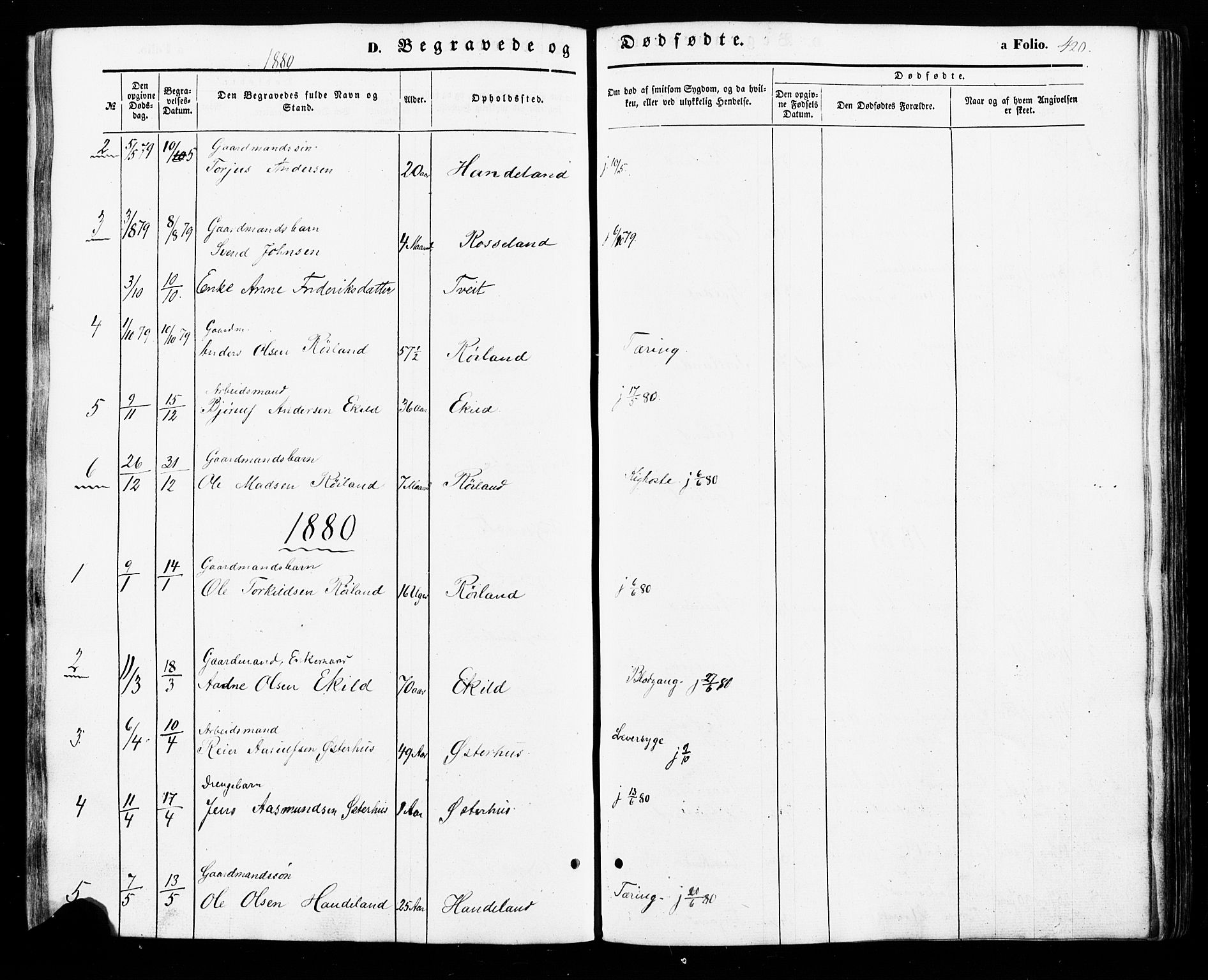 Åseral sokneprestkontor, AV/SAK-1111-0051/F/Fa/L0002: Parish register (official) no. A 2, 1854-1884, p. 420