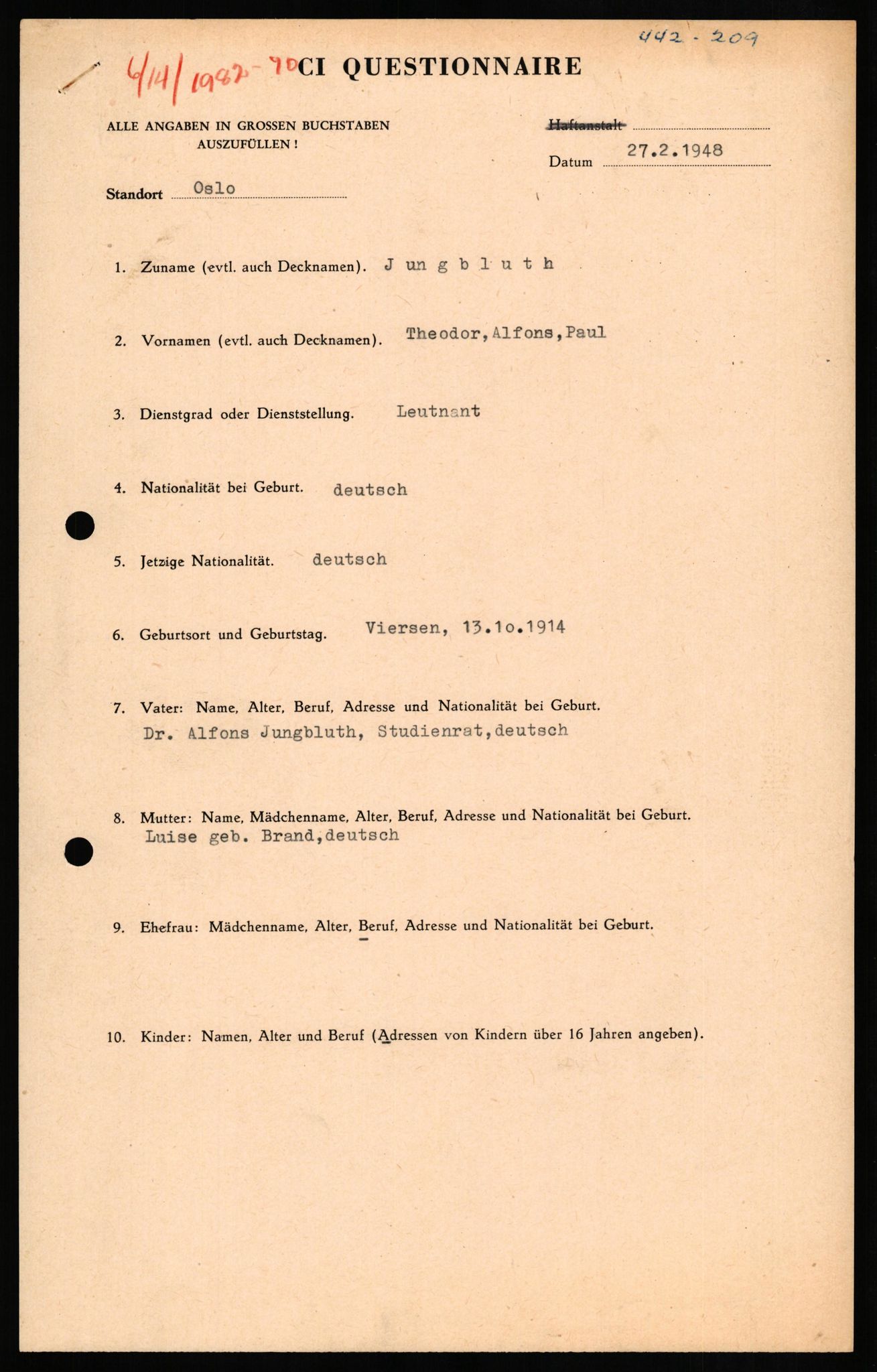 Forsvaret, Forsvarets overkommando II, AV/RA-RAFA-3915/D/Db/L0015: CI Questionaires. Tyske okkupasjonsstyrker i Norge. Tyskere., 1945-1946, p. 201