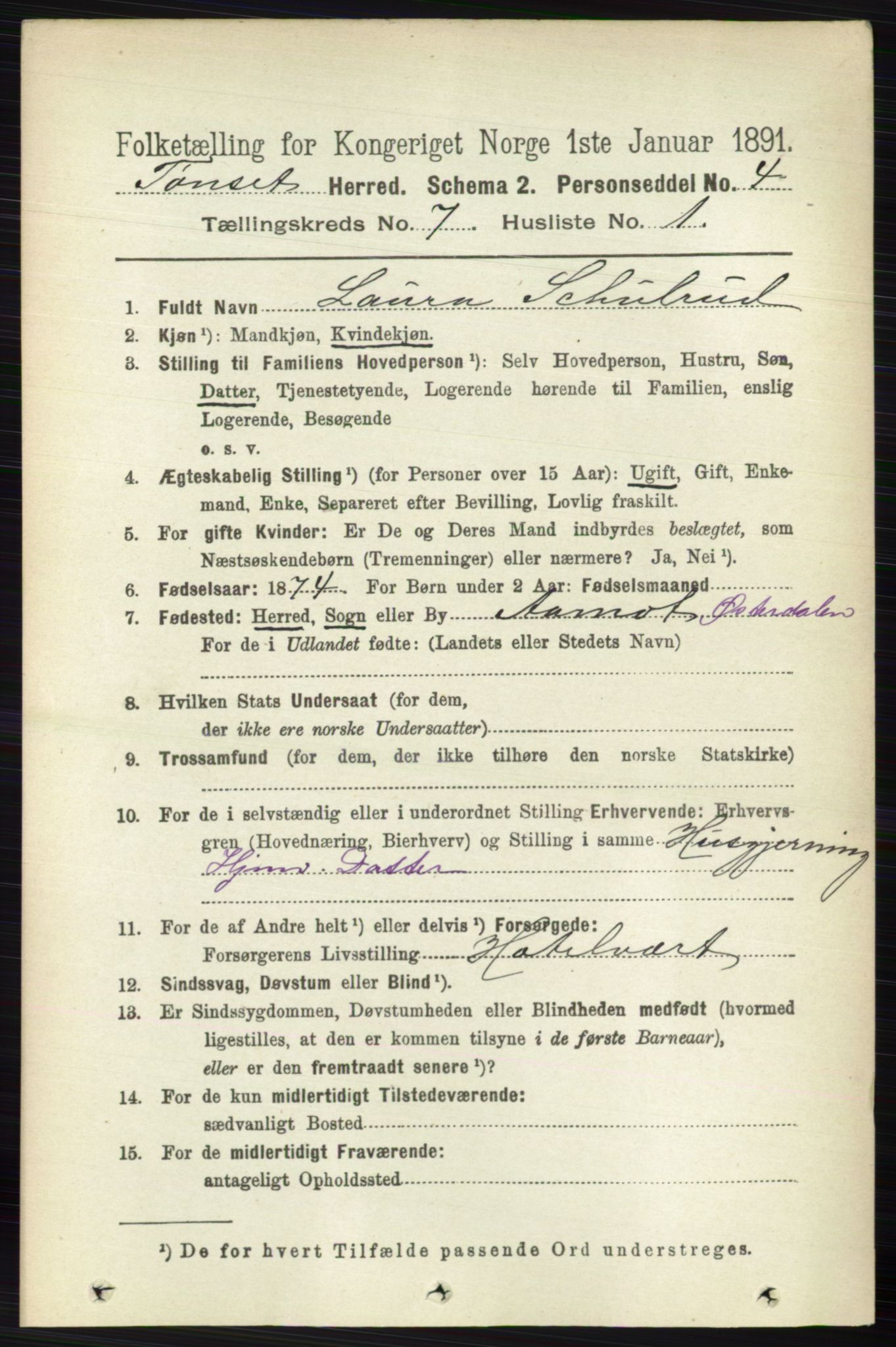 RA, 1891 census for 0437 Tynset, 1891, p. 1725