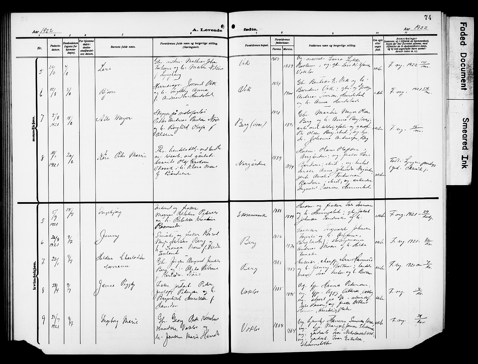 Kvæfjord sokneprestkontor, AV/SATØ-S-1323/G/Ga/Gab/L0006klokker: Parish register (copy) no. 6, 1912-1931, p. 74