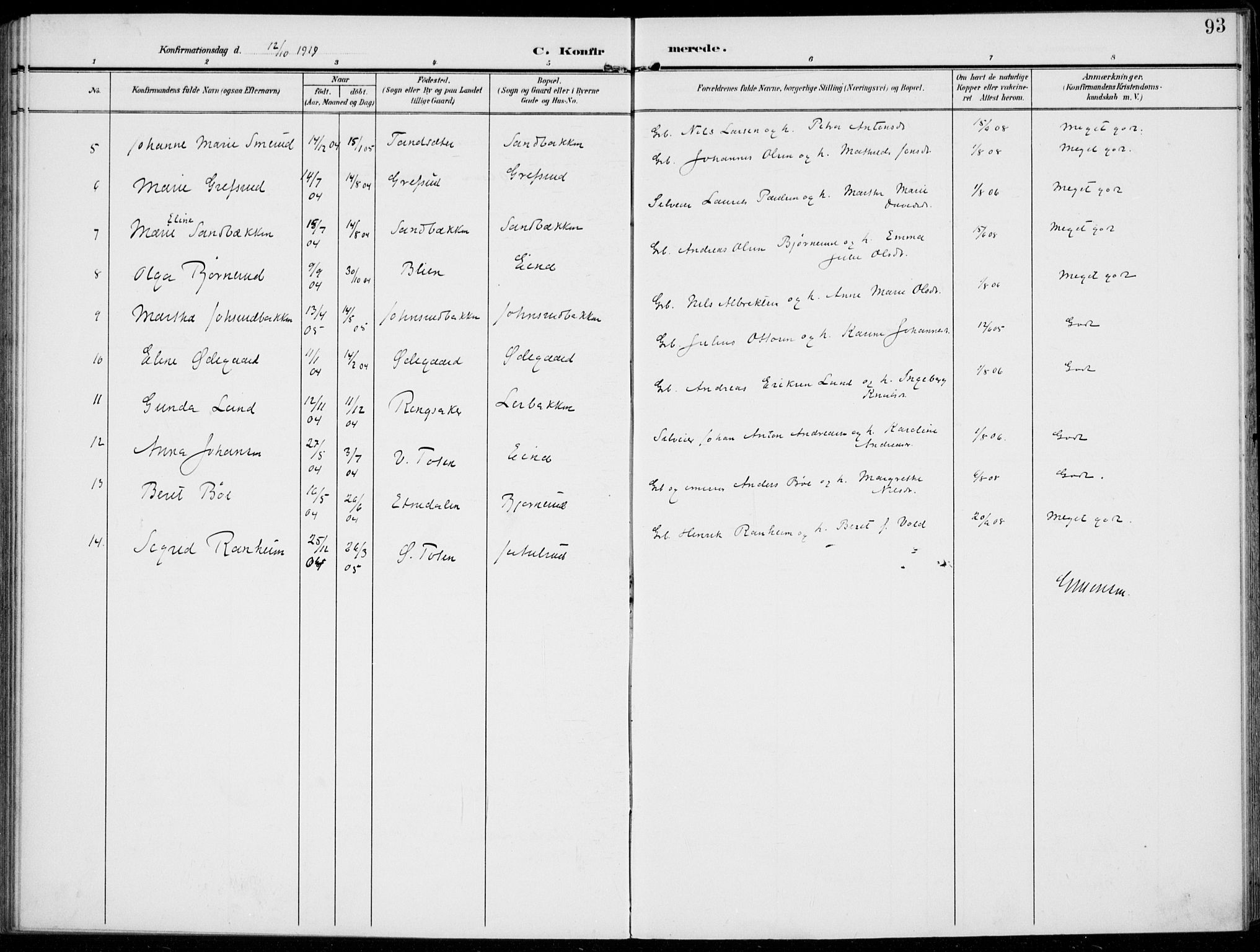 Kolbu prestekontor, SAH/PREST-110/H/Ha/Haa/L0001: Parish register (official) no. 1, 1907-1923, p. 93