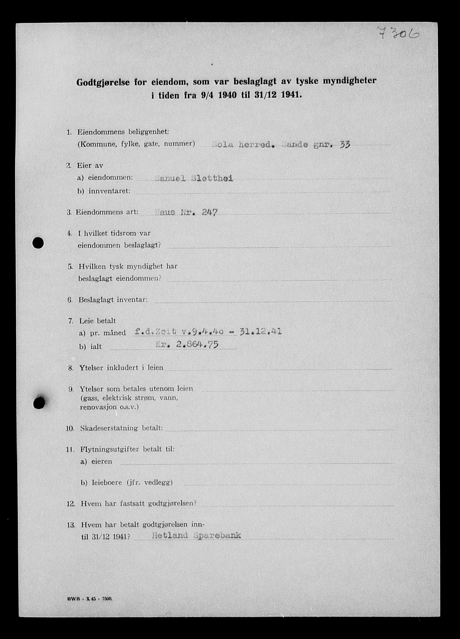 Justisdepartementet, Tilbakeføringskontoret for inndratte formuer, AV/RA-S-1564/I/L1015: Godtgjørelse for beslaglagt eiendom, 1940-1941, p. 189