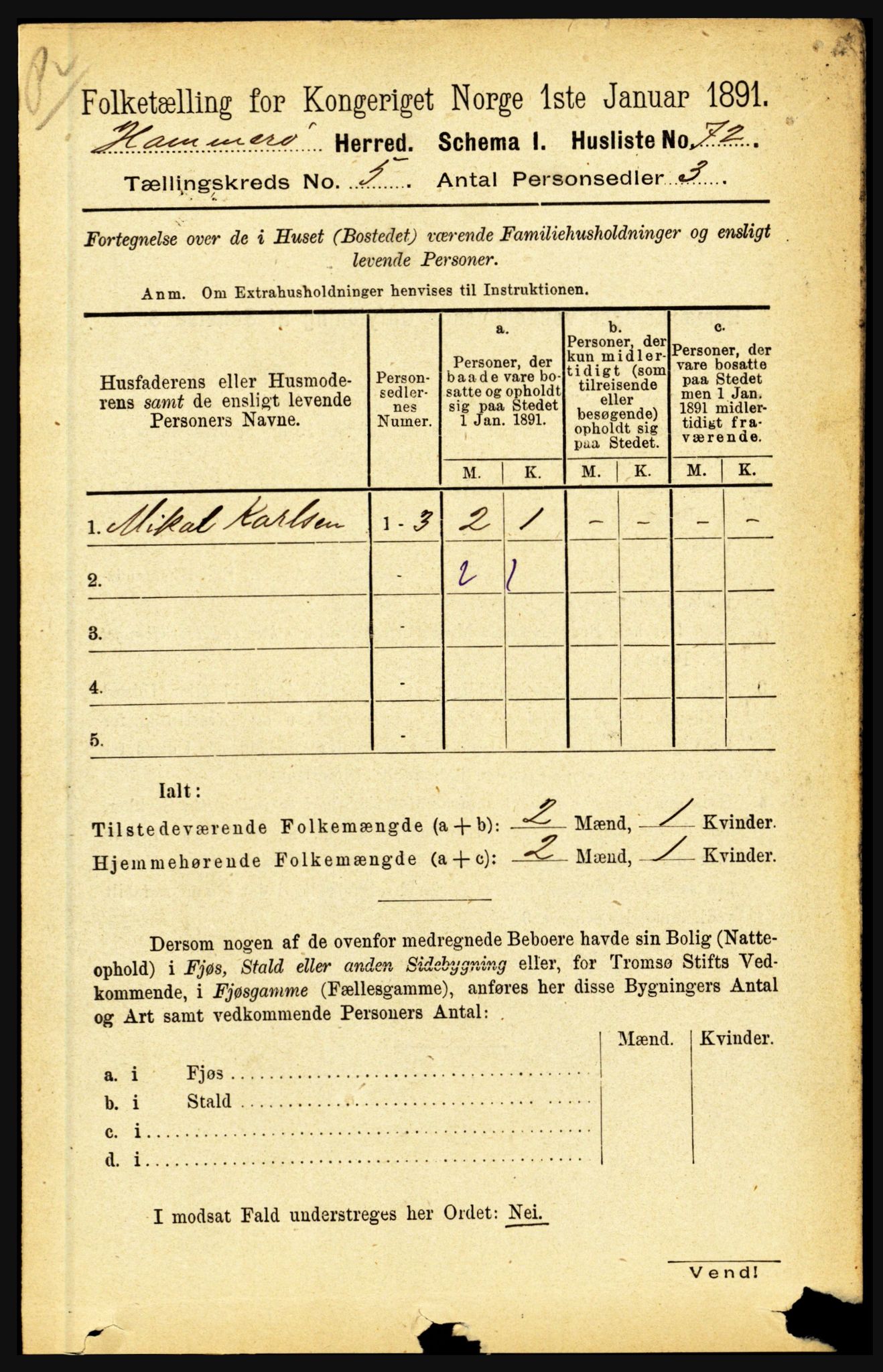 RA, 1891 census for 1849 Hamarøy, 1891, p. 2479