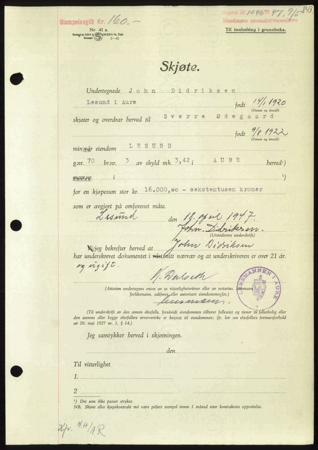 Nordmøre sorenskriveri, AV/SAT-A-4132/1/2/2Ca: Mortgage book no. A104, 1947-1947, Diary no: : 1046/1947