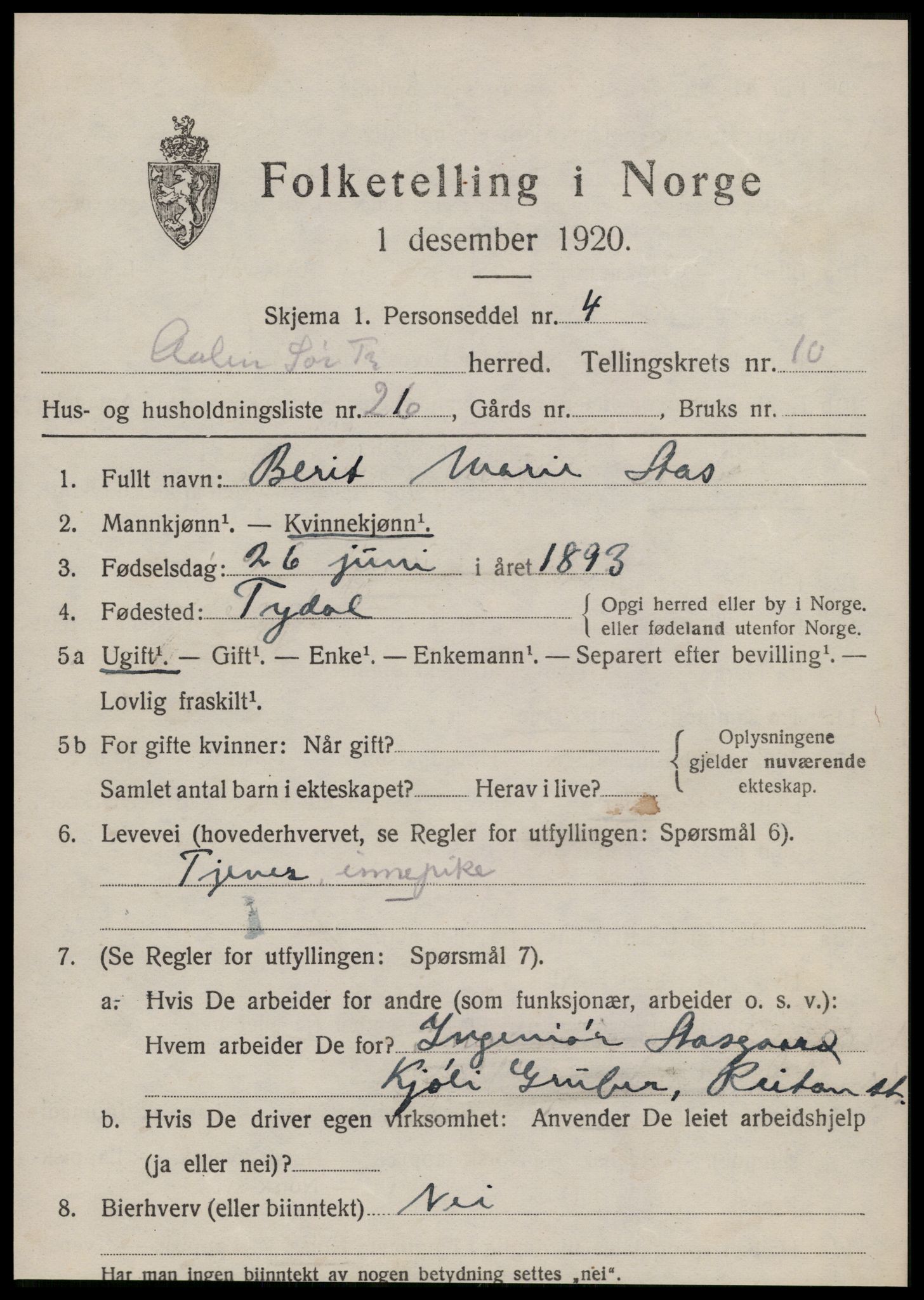 SAT, 1920 census for Ålen, 1920, p. 5090