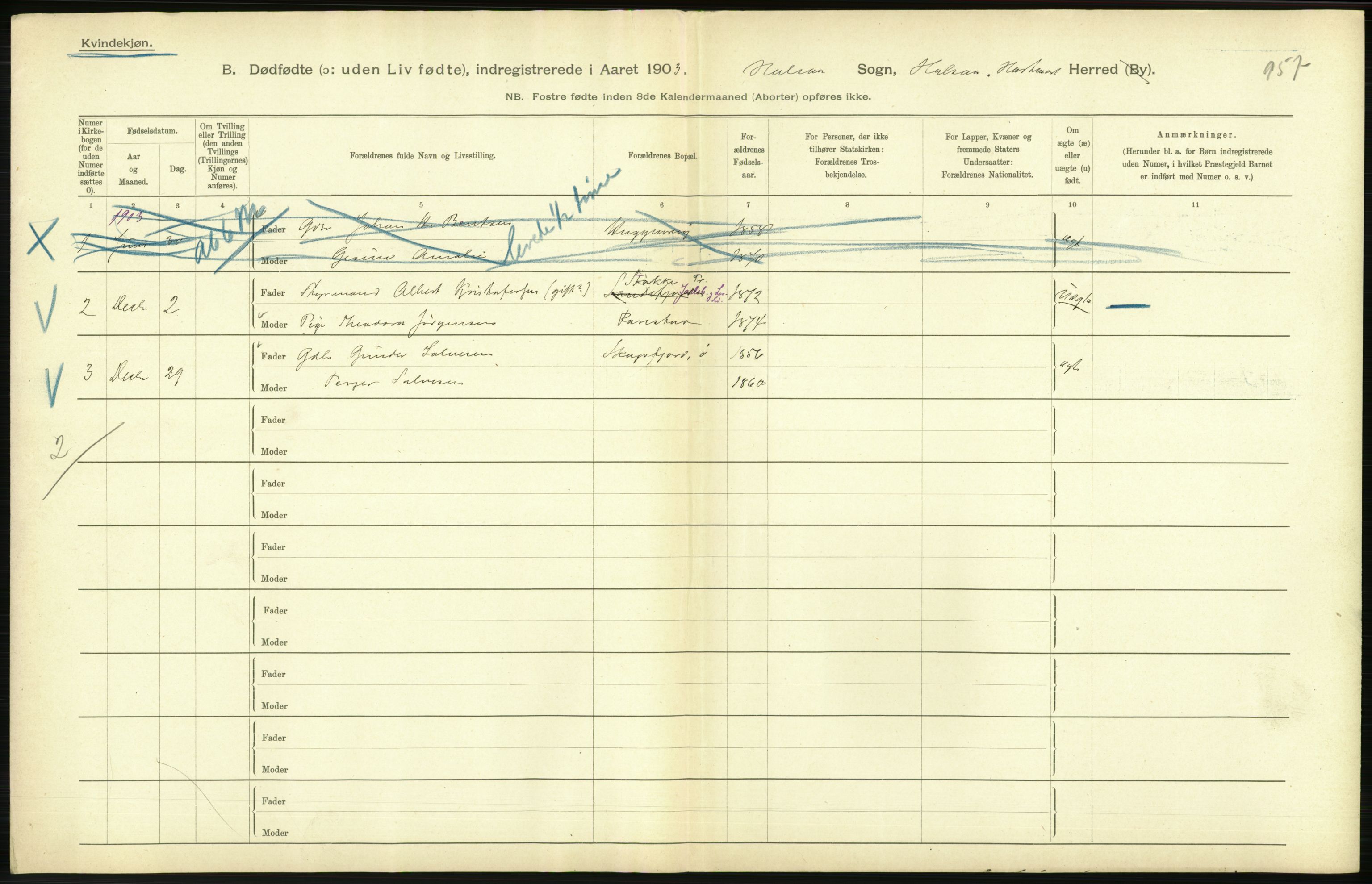 Statistisk sentralbyrå, Sosiodemografiske emner, Befolkning, AV/RA-S-2228/D/Df/Dfa/Dfaa/L0024: Smålenenes - Stavanger amt: Dødfødte. Bygder., 1903, p. 480