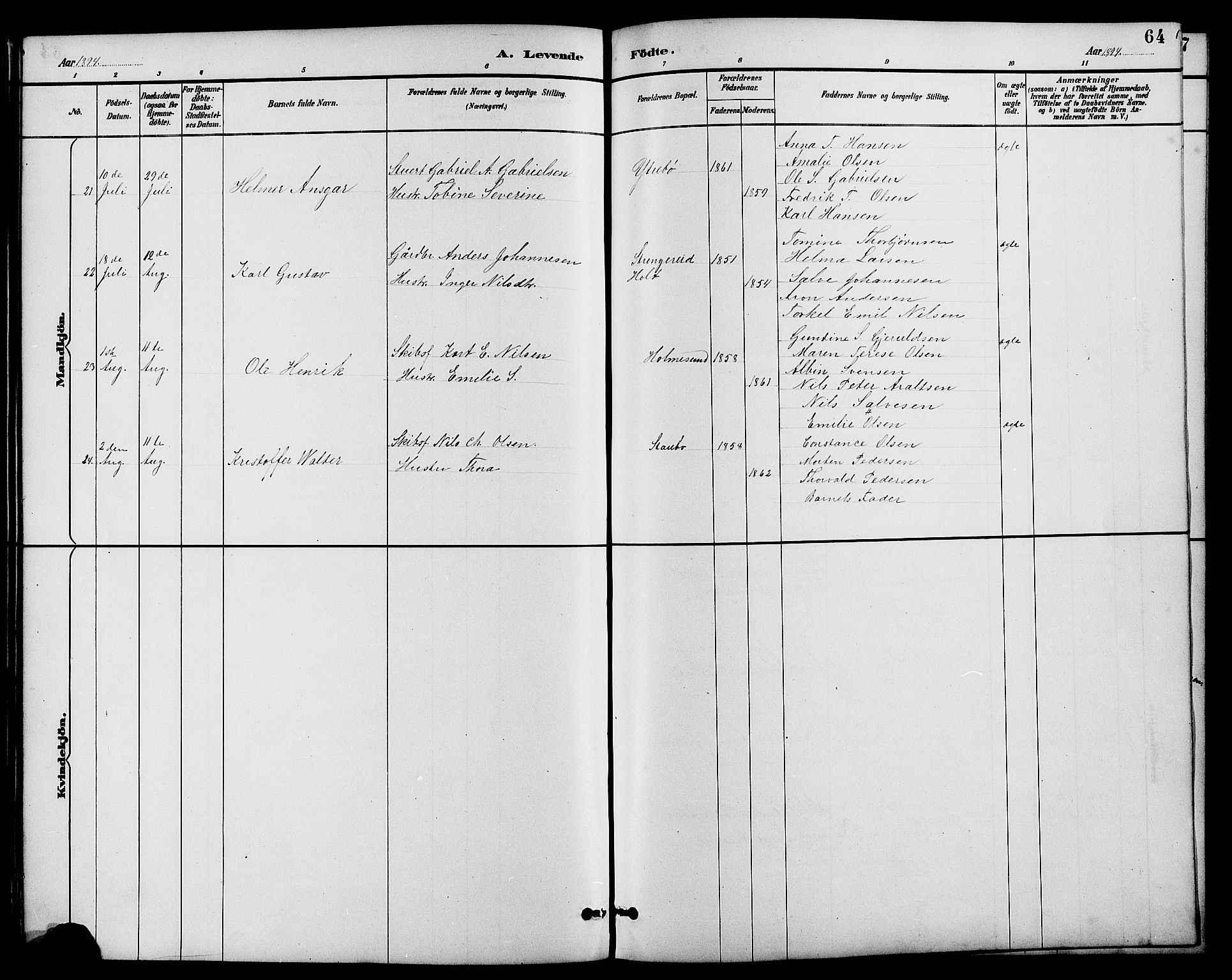 Dypvåg sokneprestkontor, AV/SAK-1111-0007/F/Fb/Fbb/L0004: Parish register (copy) no. B 4, 1887-1905, p. 64