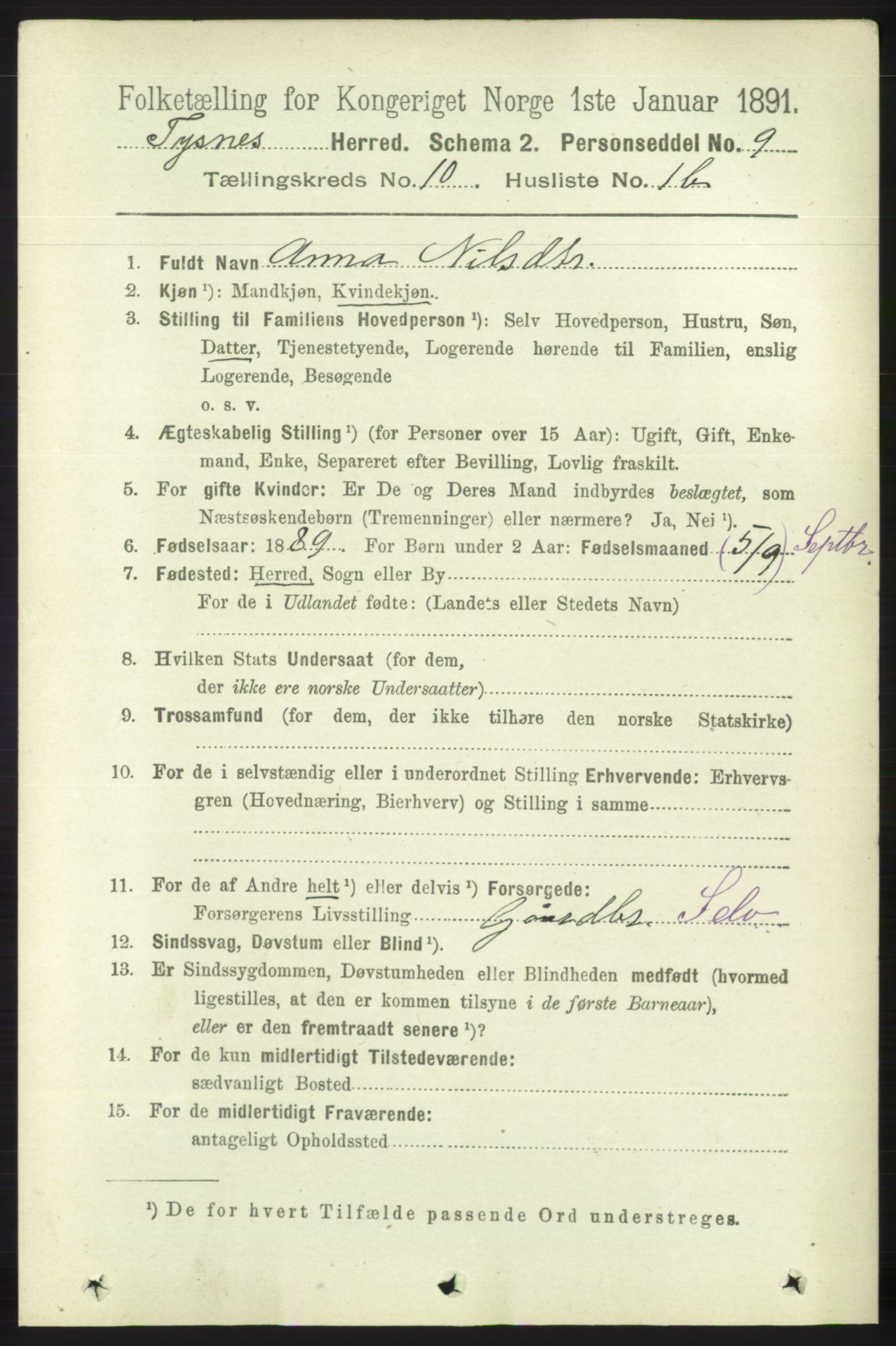 RA, 1891 census for 1223 Tysnes, 1891, p. 4863