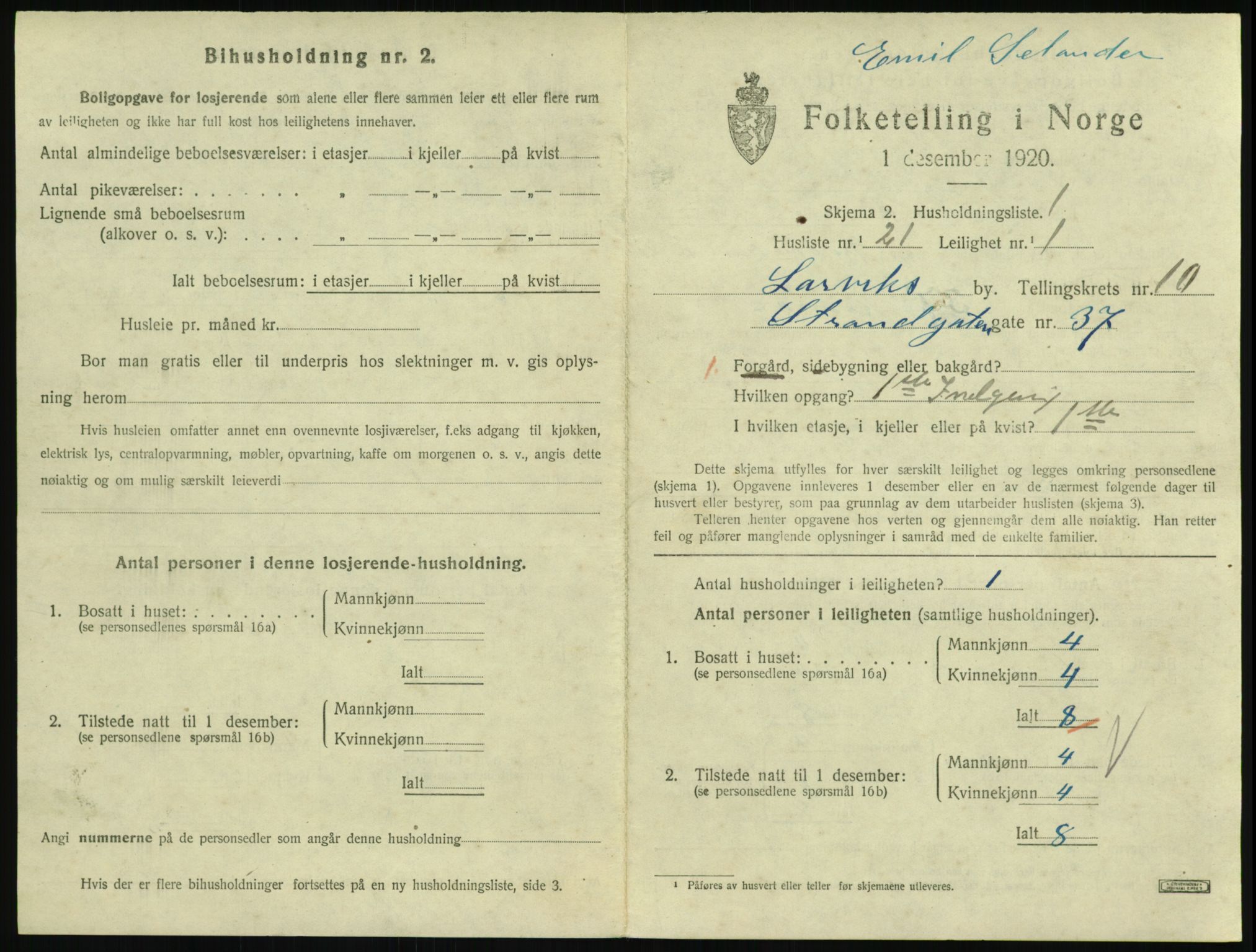 SAKO, 1920 census for Larvik, 1920, p. 7552