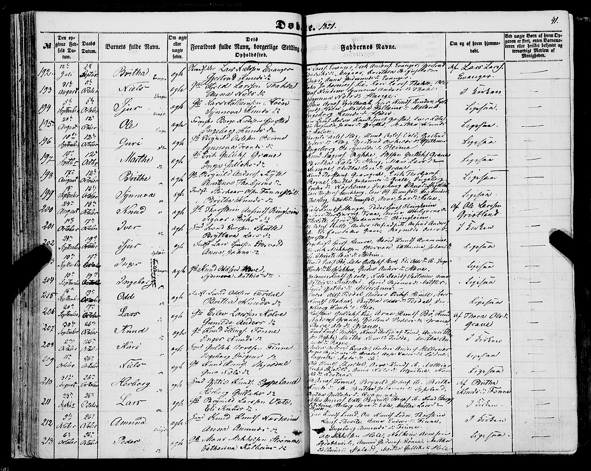 Voss sokneprestembete, AV/SAB-A-79001/H/Haa: Parish register (official) no. A 16, 1849-1863, p. 41