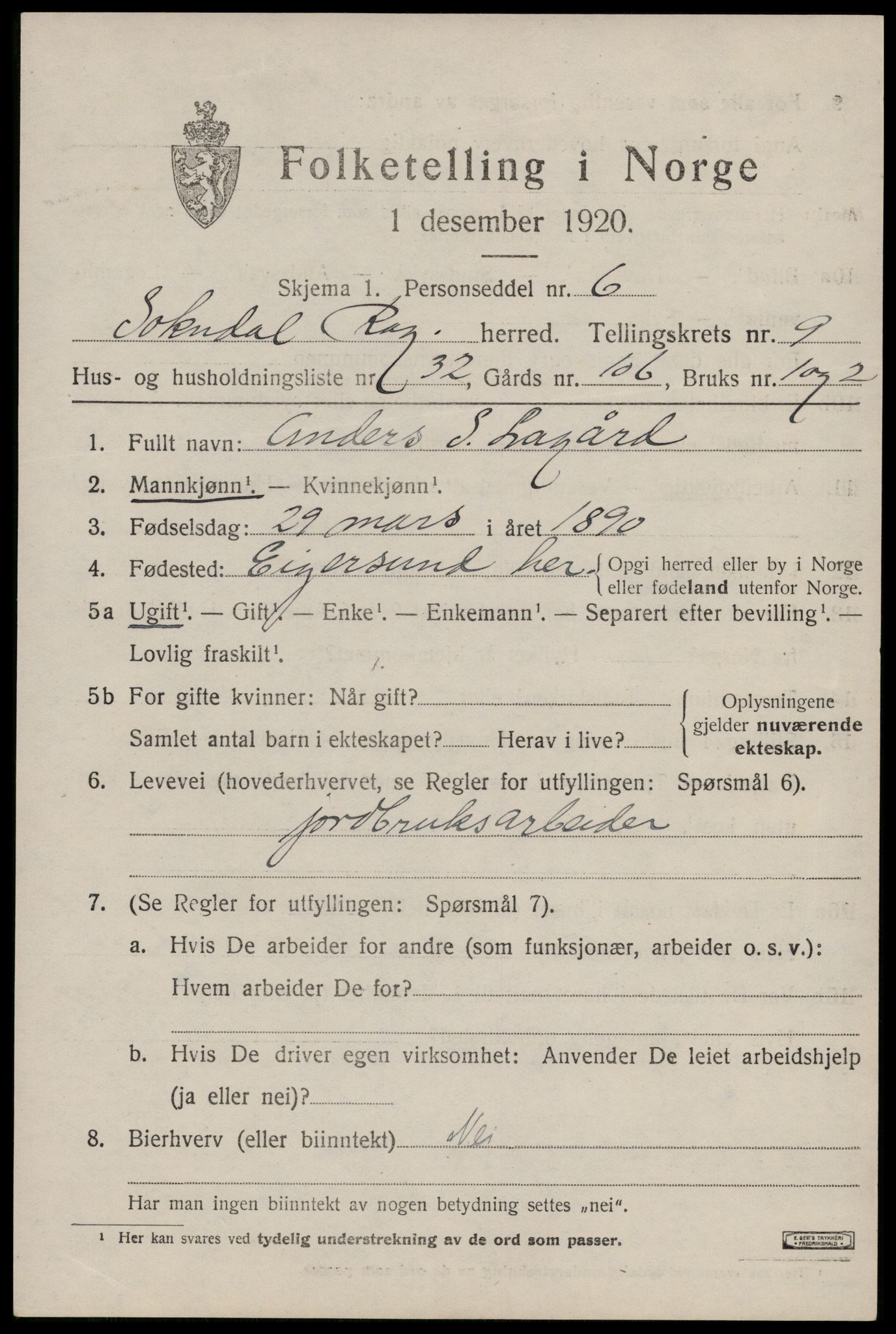 SAST, 1920 census for Sokndal, 1920, p. 5717