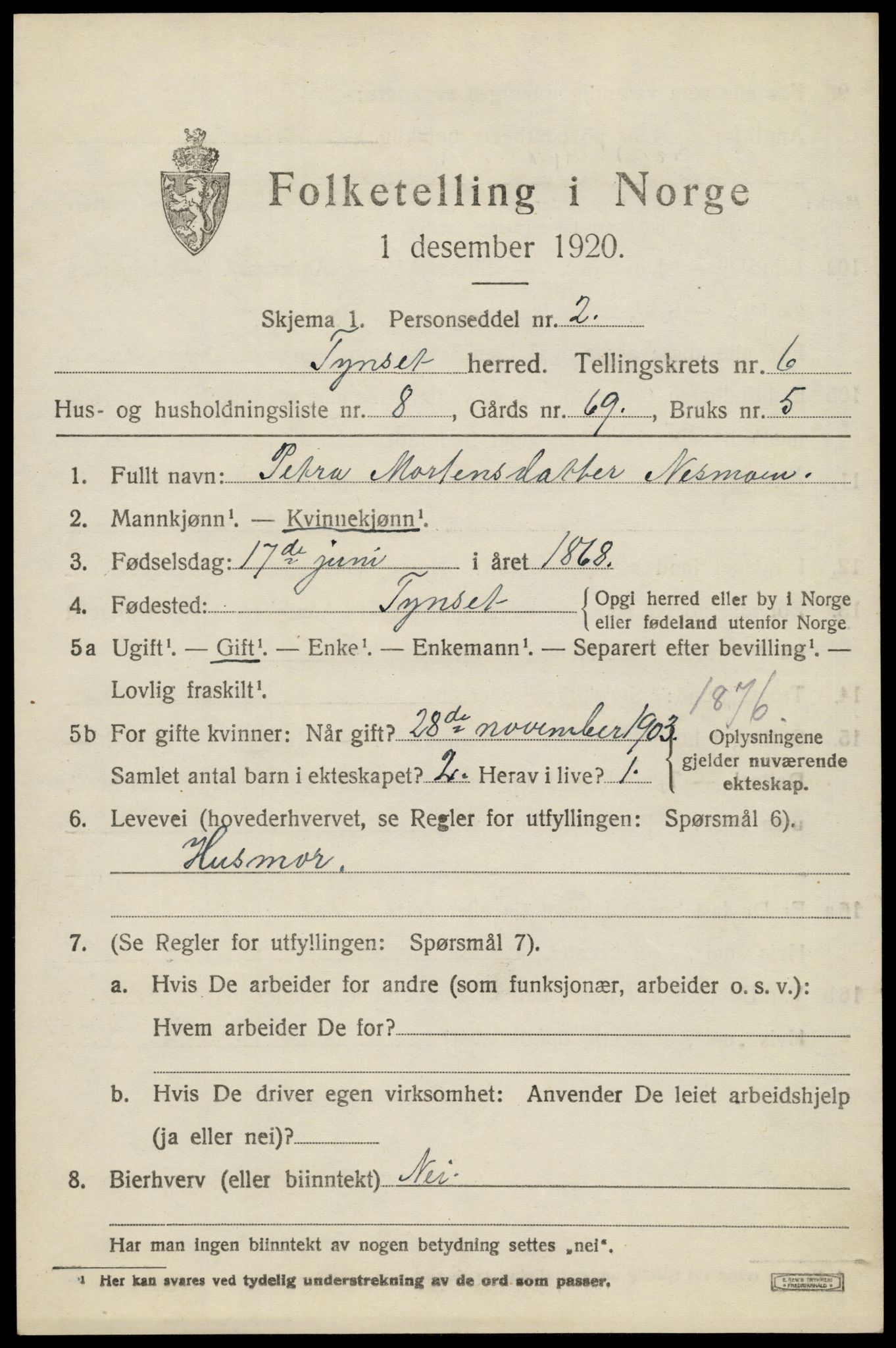 SAH, 1920 census for Tynset, 1920, p. 5618