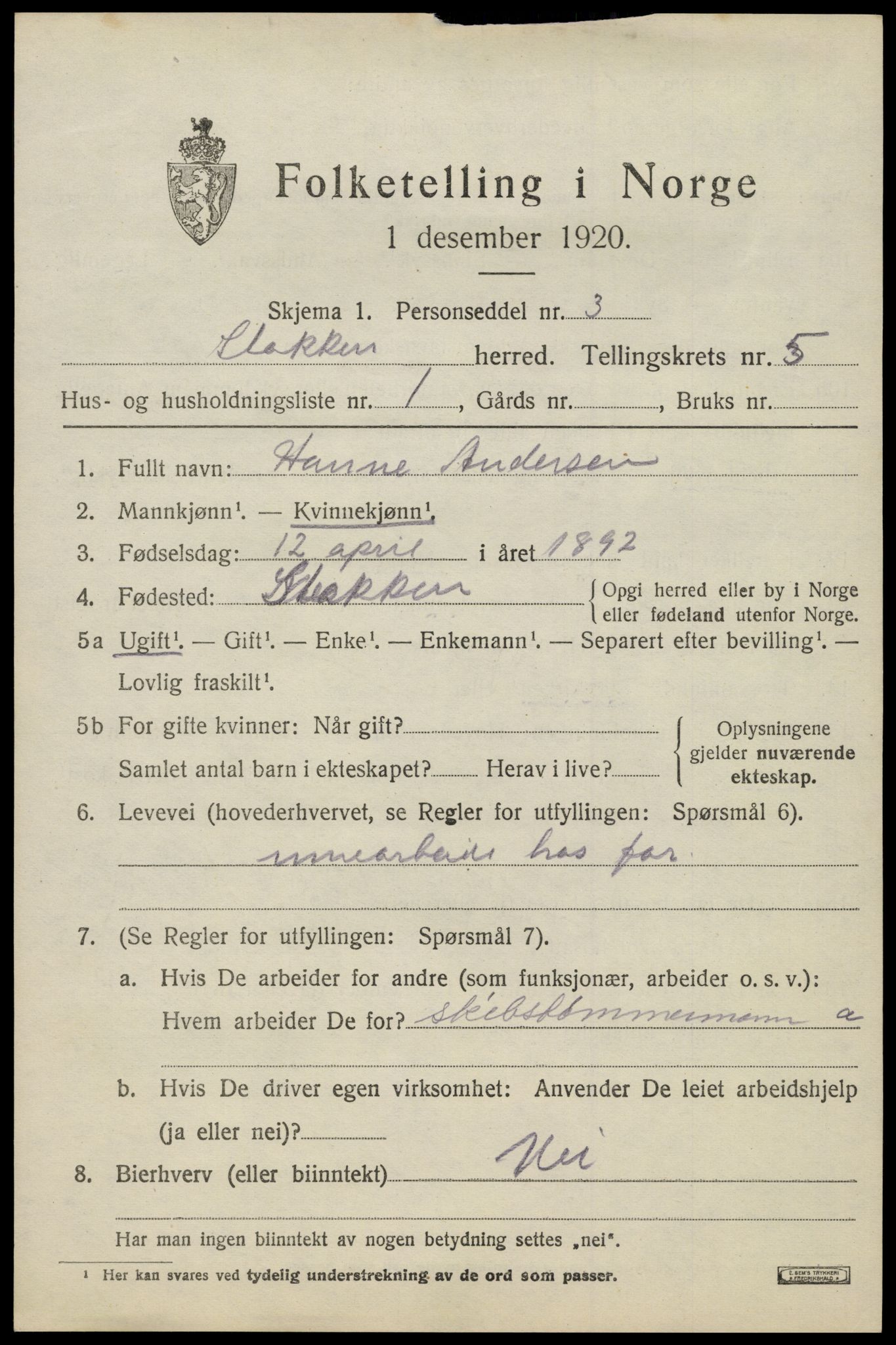 SAK, 1920 census for Stokken, 1920, p. 3294