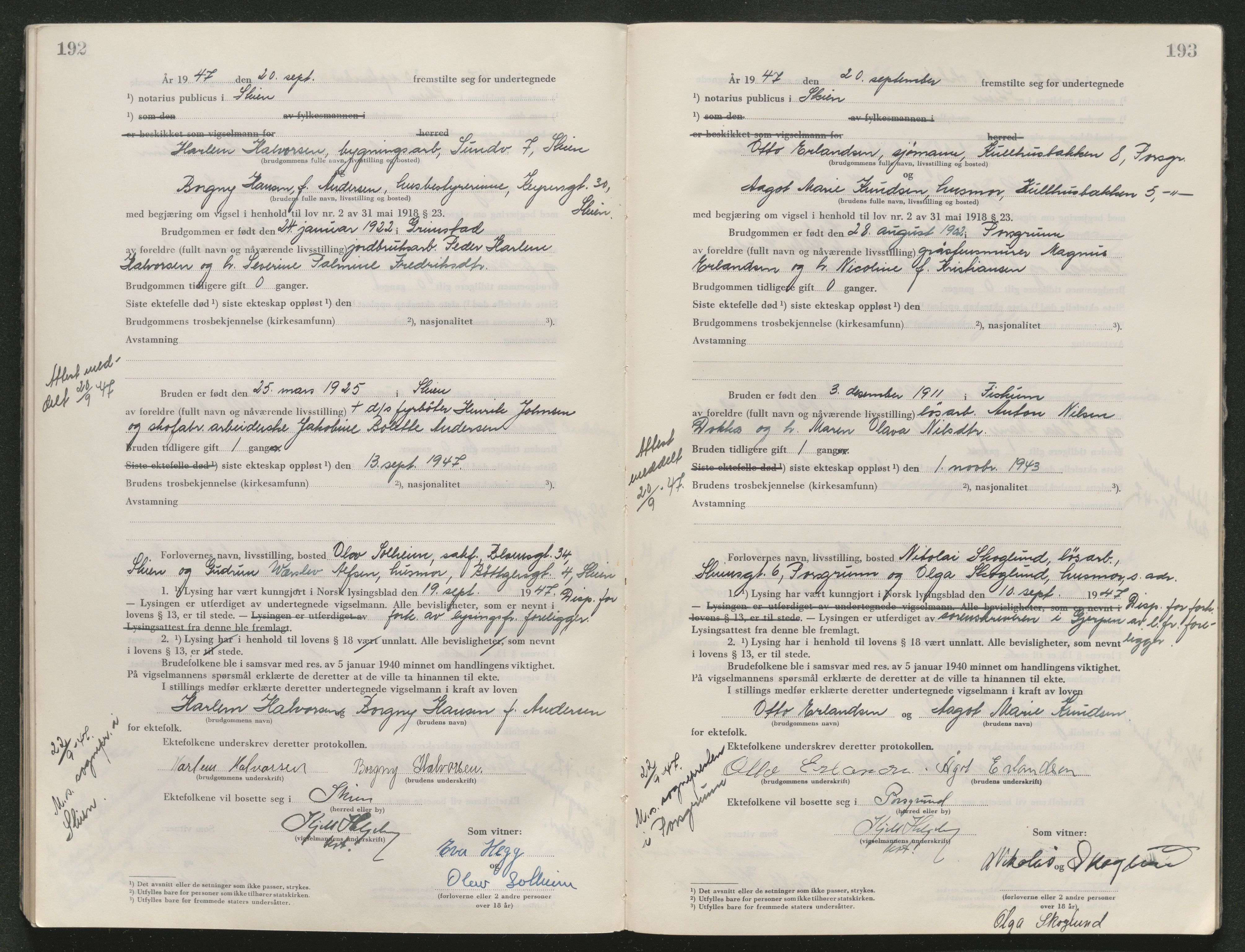 Skien sorenskriveri, AV/SAKO-A-225/L/La/L0001: Vigselsprotokoll, 1920-1947, p. 192-193