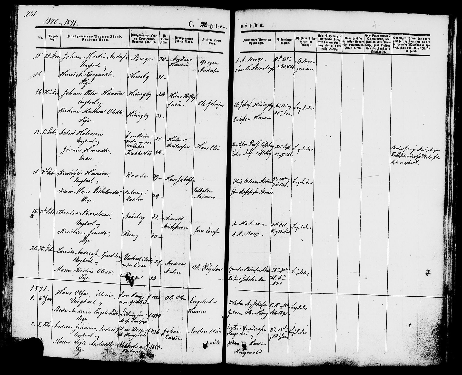 Råde prestekontor kirkebøker, AV/SAO-A-2009/F/Fa/L0006: Parish register (official) no. 6, 1854-1877, p. 281