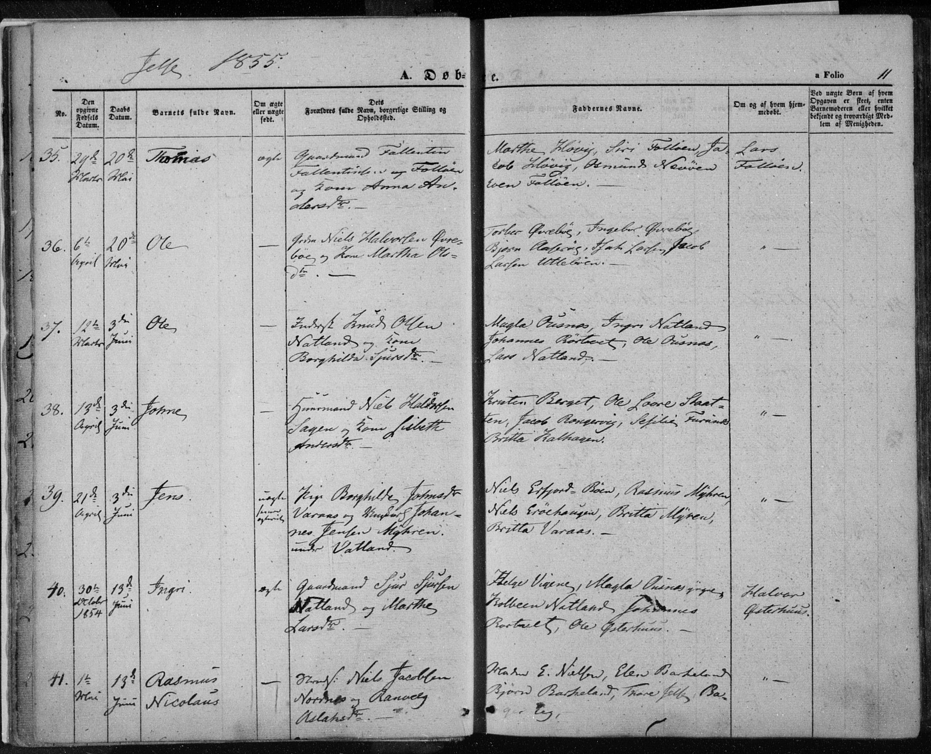 Jelsa sokneprestkontor, AV/SAST-A-101842/01/IV: Parish register (official) no. A 7, 1854-1866, p. 11