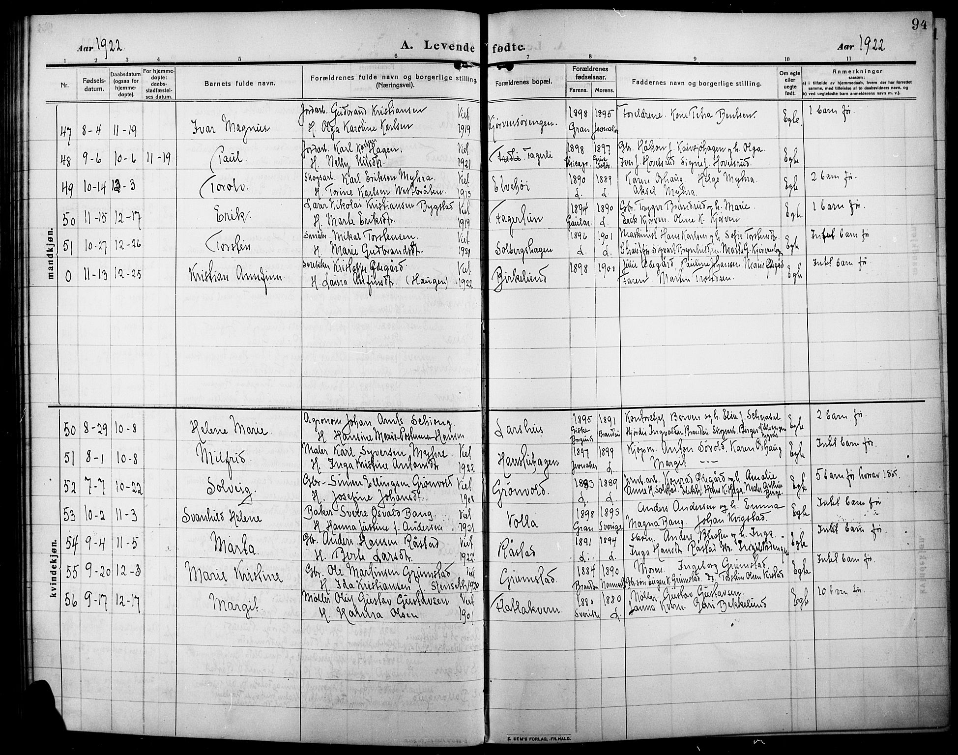 Lunner prestekontor, AV/SAH-PREST-118/H/Ha/Hab/L0001: Parish register (copy) no. 1, 1909-1922, p. 94