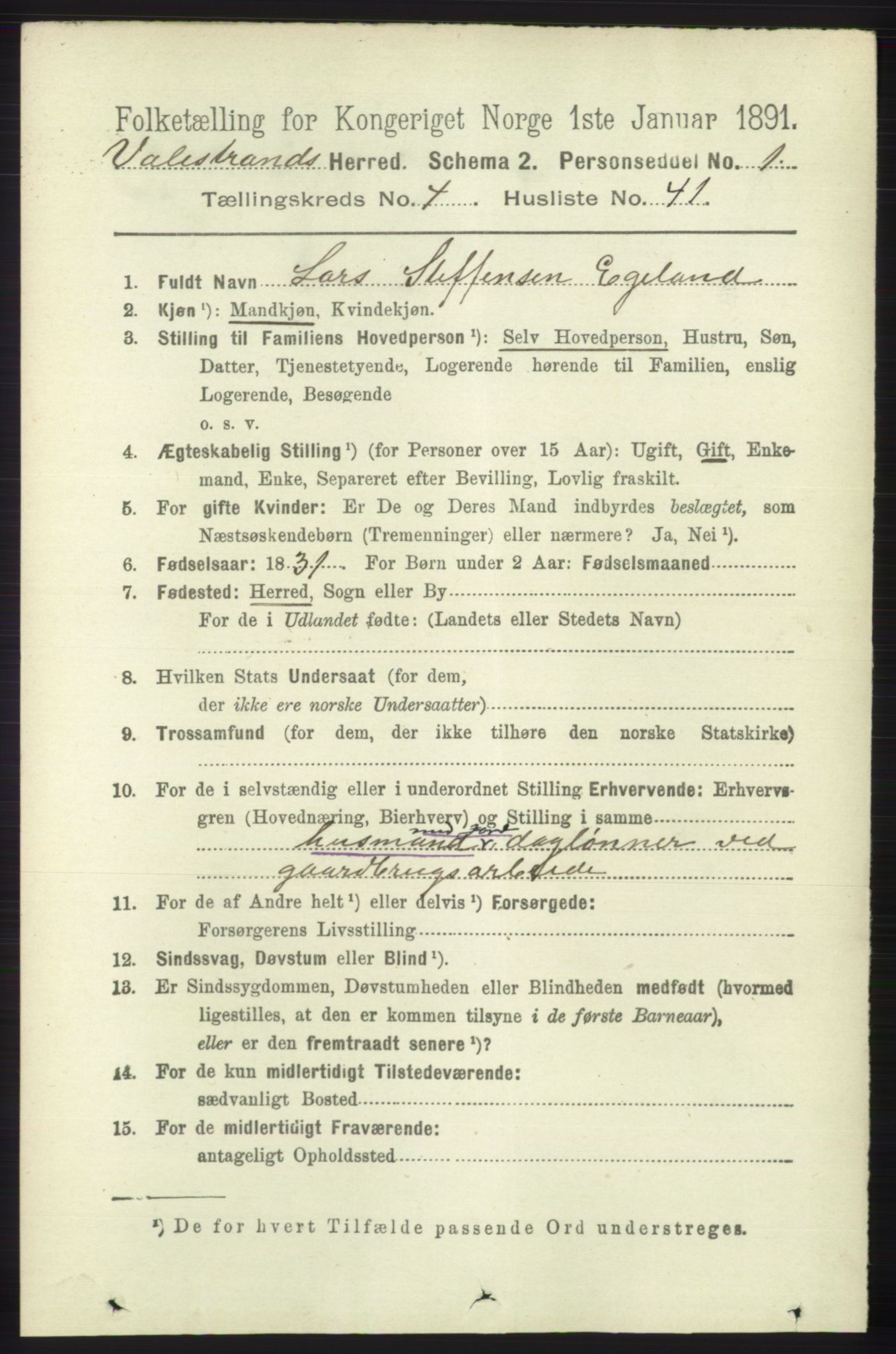 RA, 1891 census for 1217 Valestrand, 1891, p. 1084